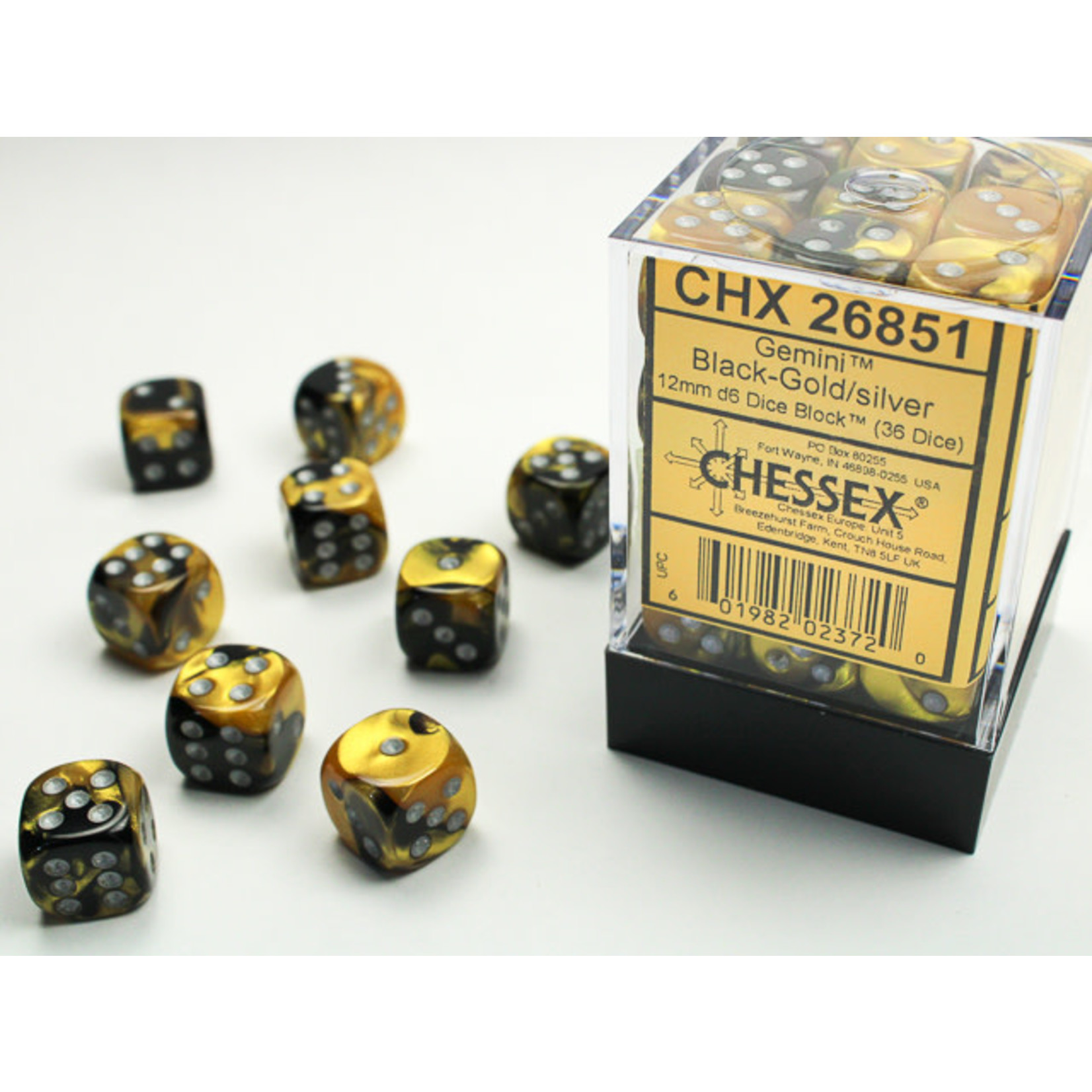 Chessex Gemini Dice: Black-Gold / silver | 12mm d6 Dice Block | 26851