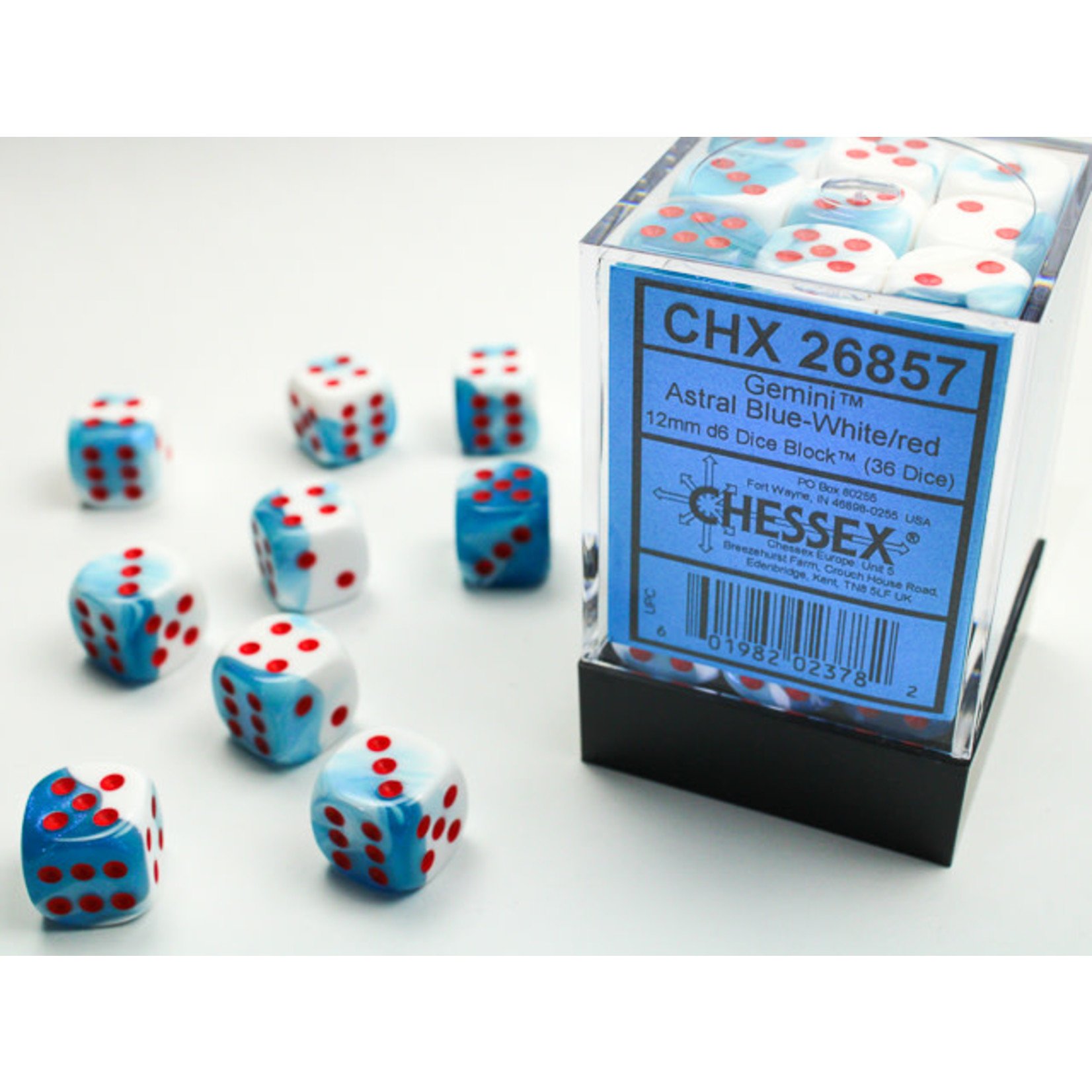 Chessex Gemini Dice: Astral Blue-White / red | 12mm d6 Dice Block | 26857