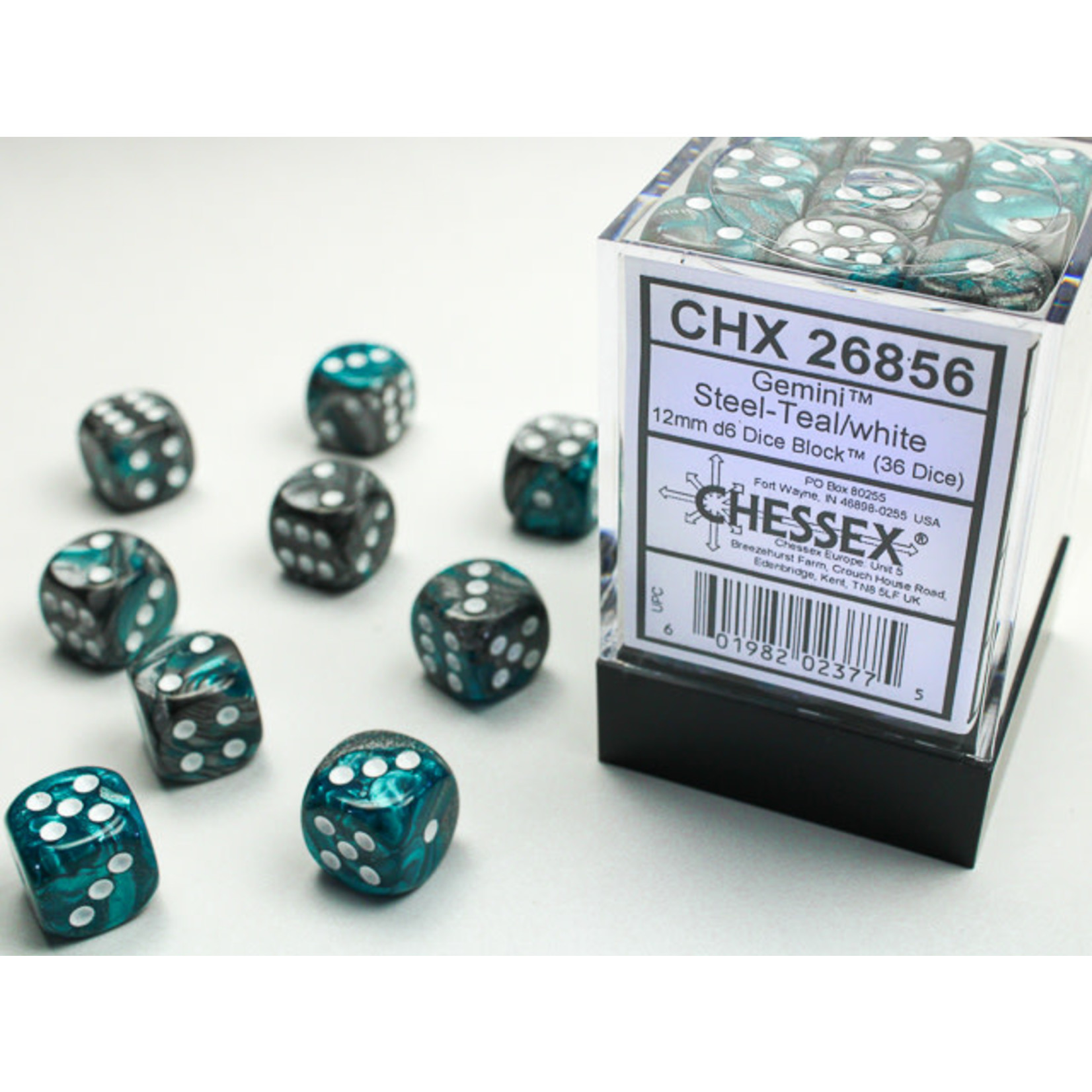 Chessex Gemini Dice: Steel-Teal / white | 12mm d6 Dice Block | 26856
