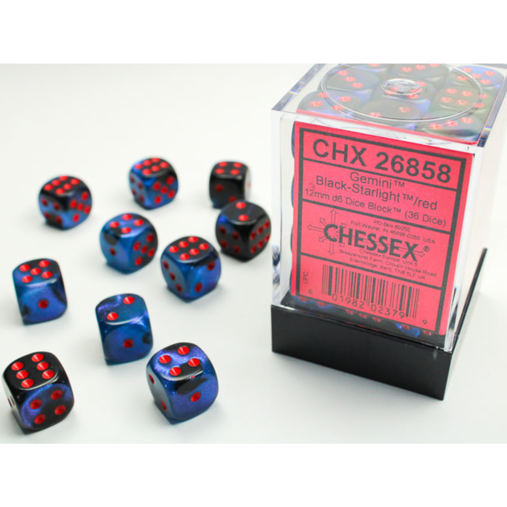 Chessex Gemini Dice: Black-Starlight / red | 12mm d6 Dice Block | 26858