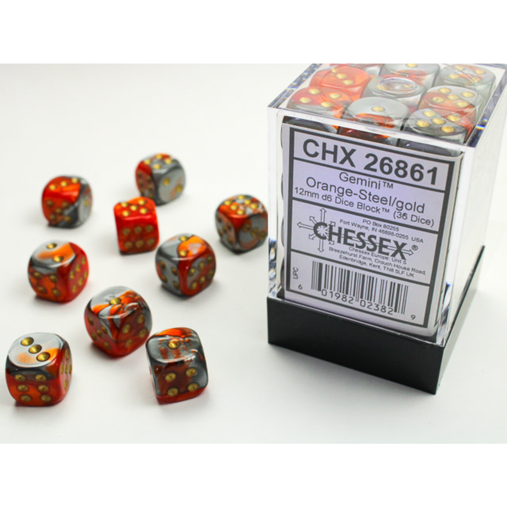 Chessex Gemini Dice: Orange-Steel / gold | 12mm d6 Dice Block | 26861