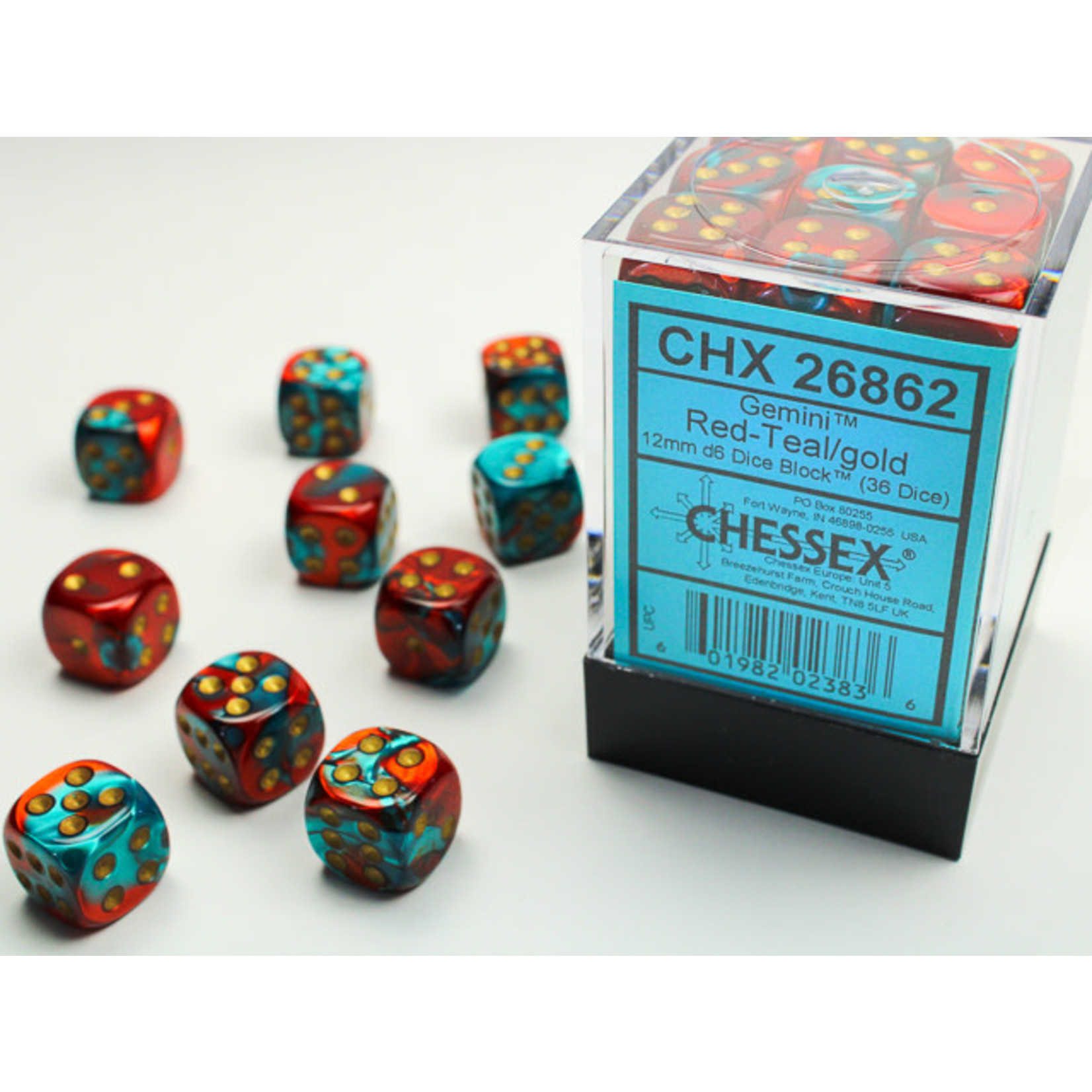 Chessex Gemini Dice: Red-Teal / gold | 12mm d6 Dice Block | 26862