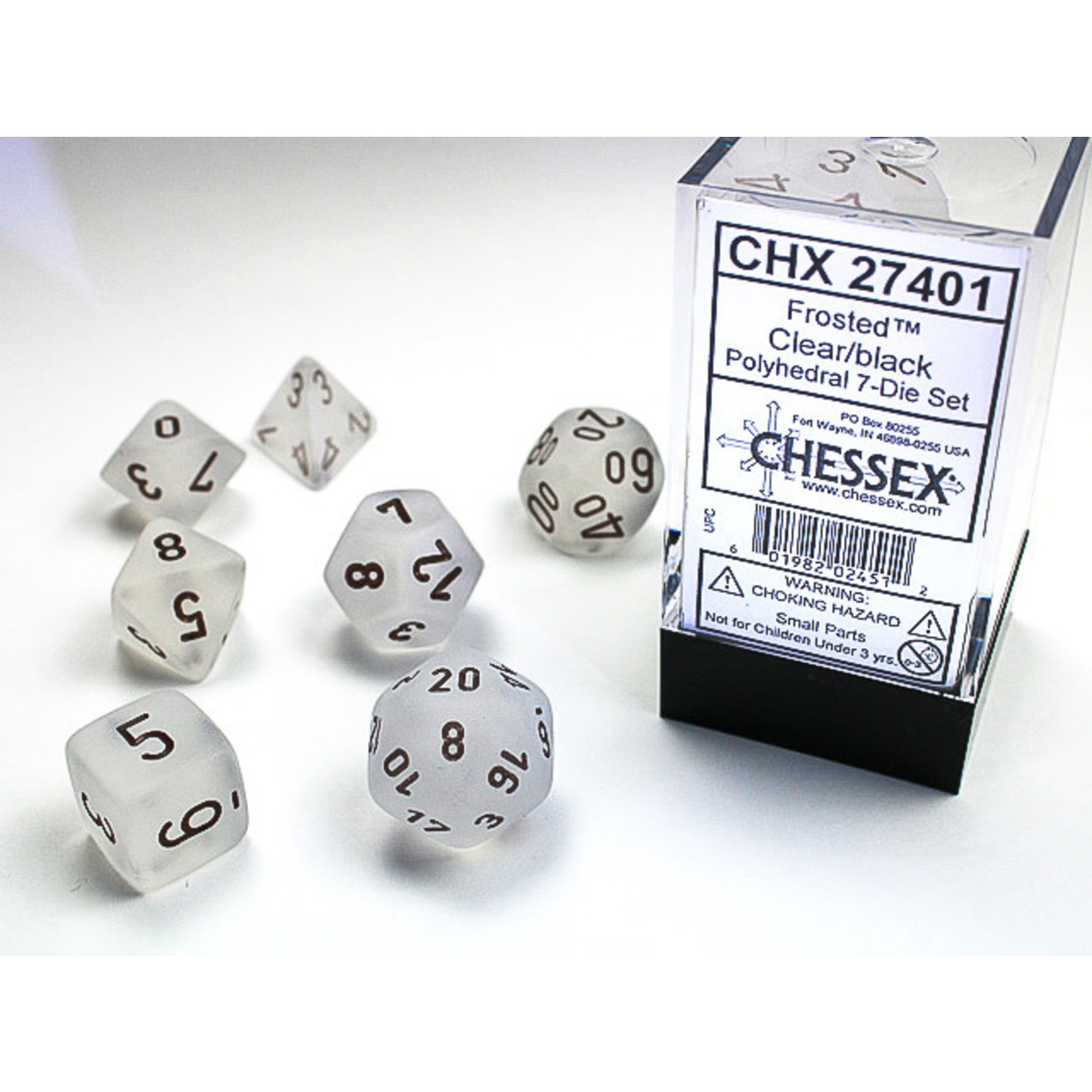 Chessex Frosted Dice: Clear / black | 7 Die Polyhedral Set | 27401