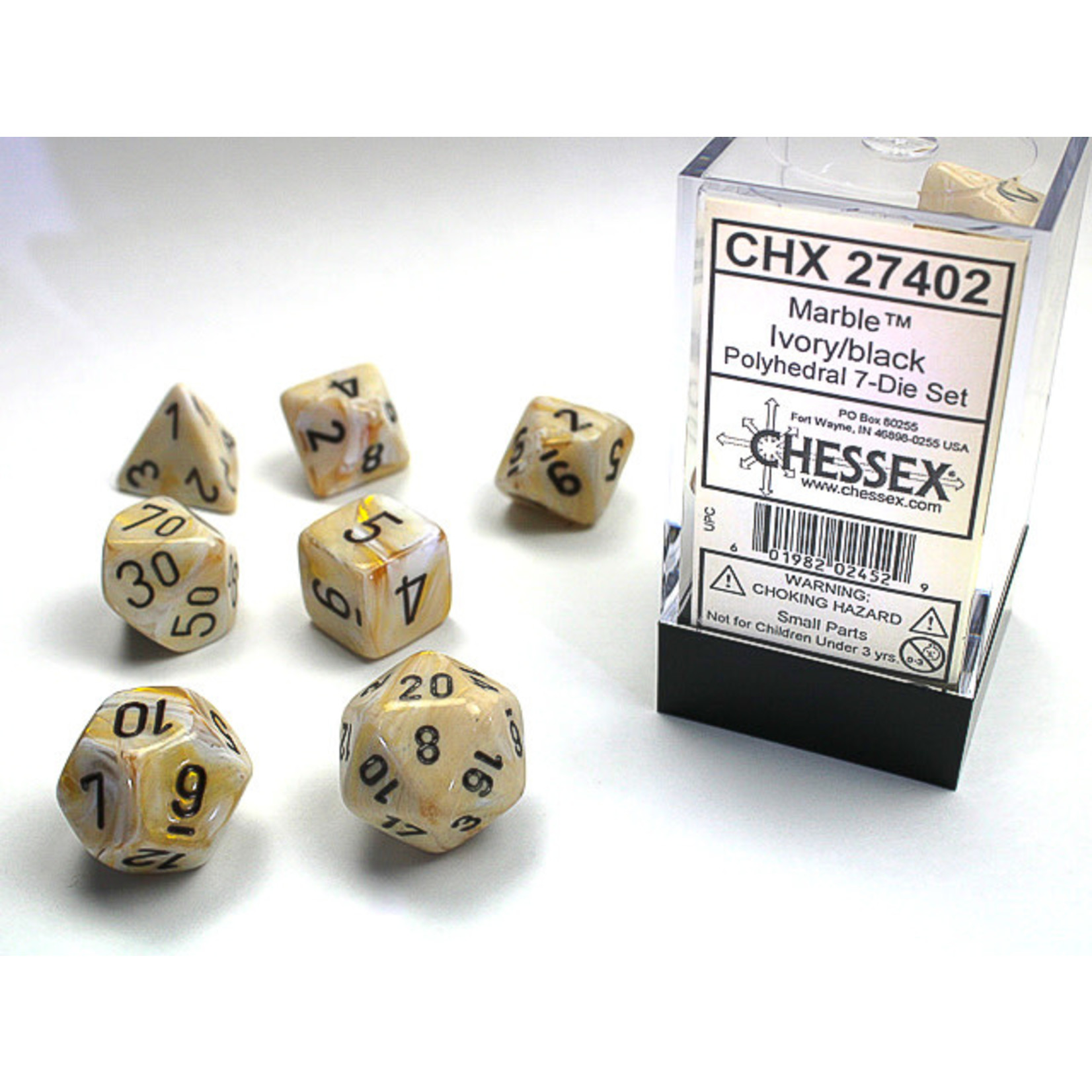 Chessex Marble Dice: Ivory / black | 7 Die Polyhedral Set | 27402