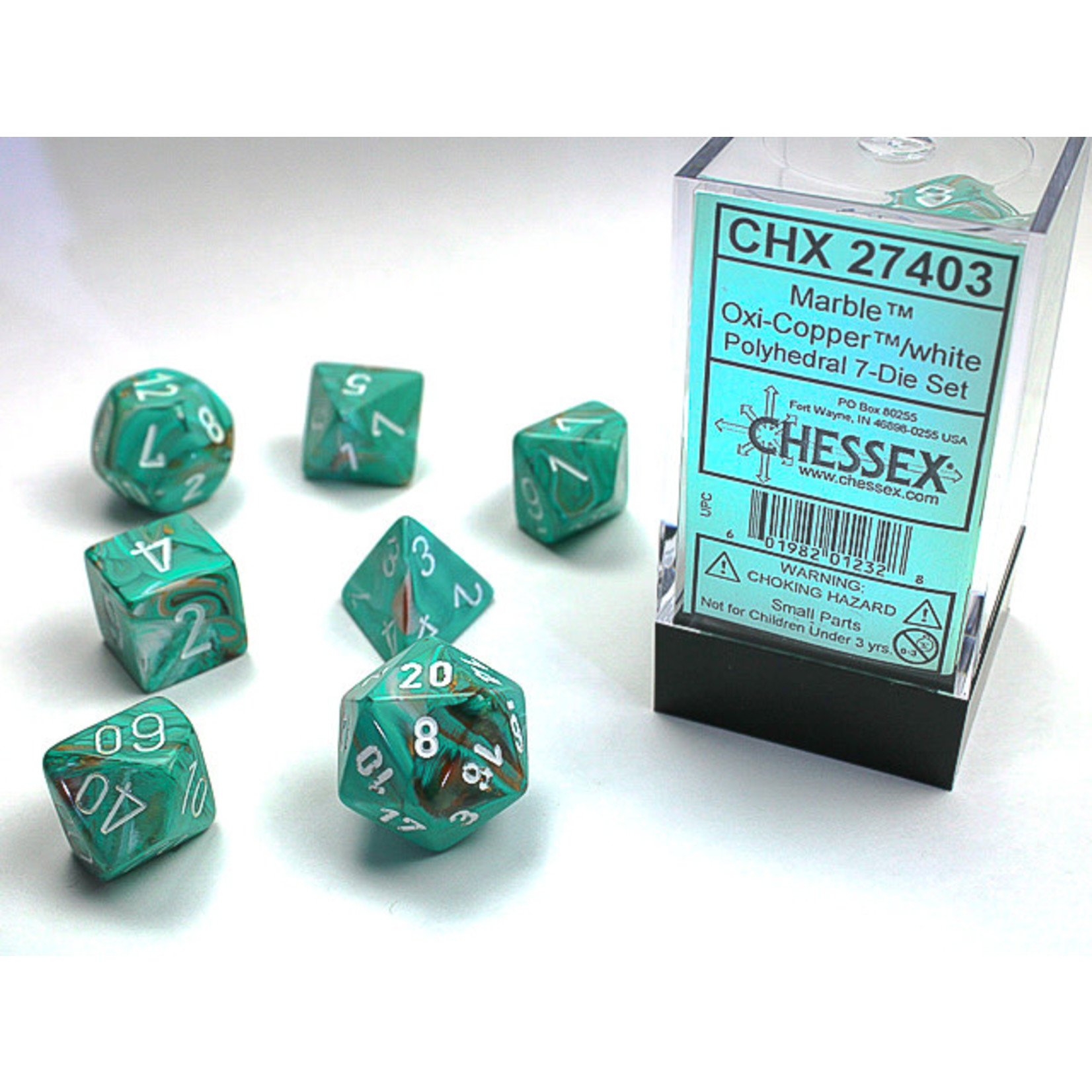 Chessex Marble Dice: Oxi-Copper / white | 7 Die Polyhedral Set | 27403