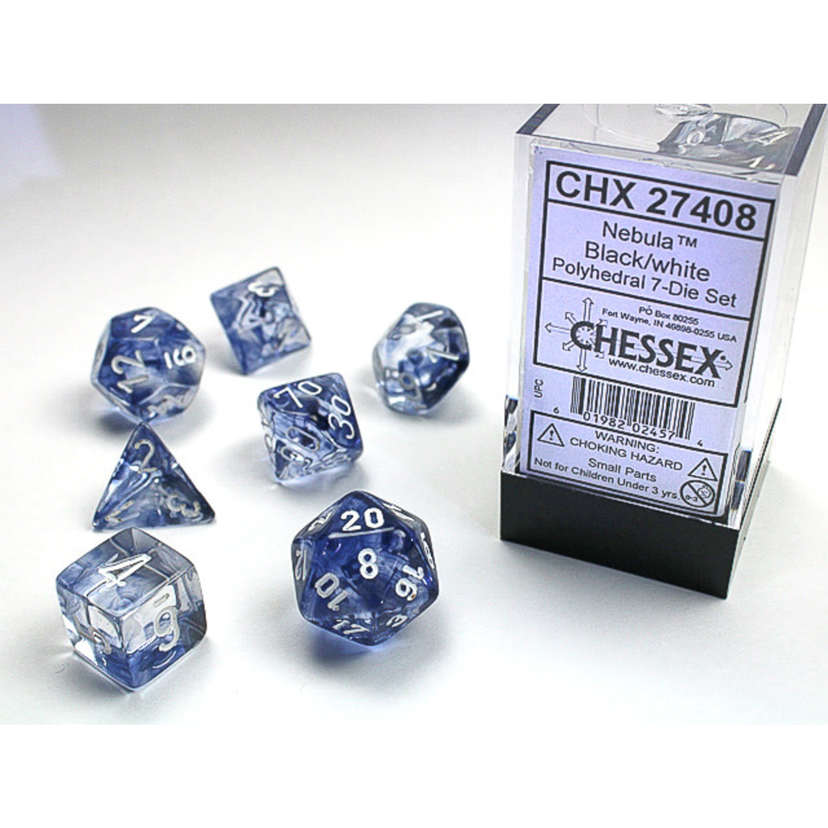 Chessex Nebula Dice: Black / White | 7 Die Polyhedral Set | 27408