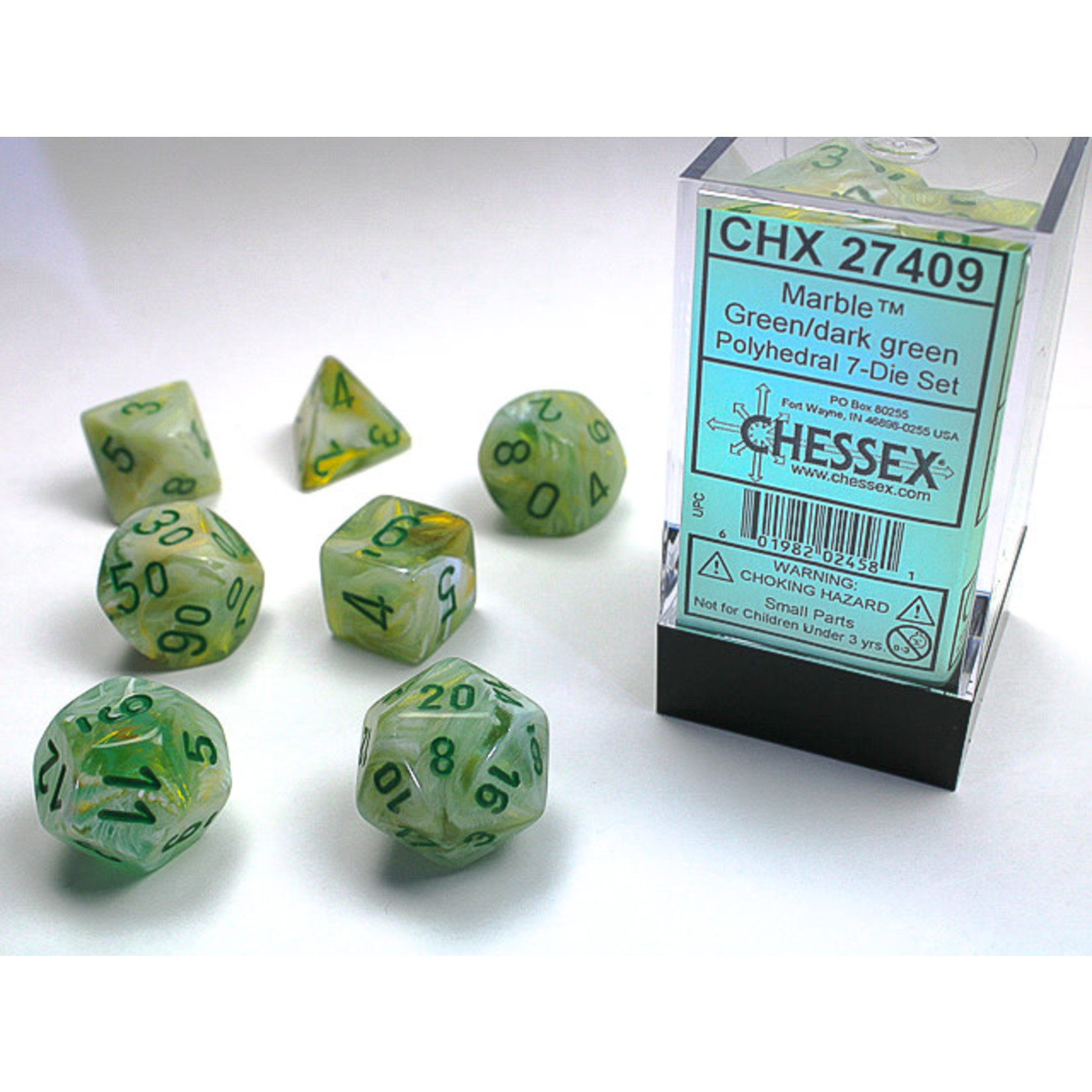 Chessex Marble Dice: Green / dark green | 7 Die Polyhedral Set | 27409