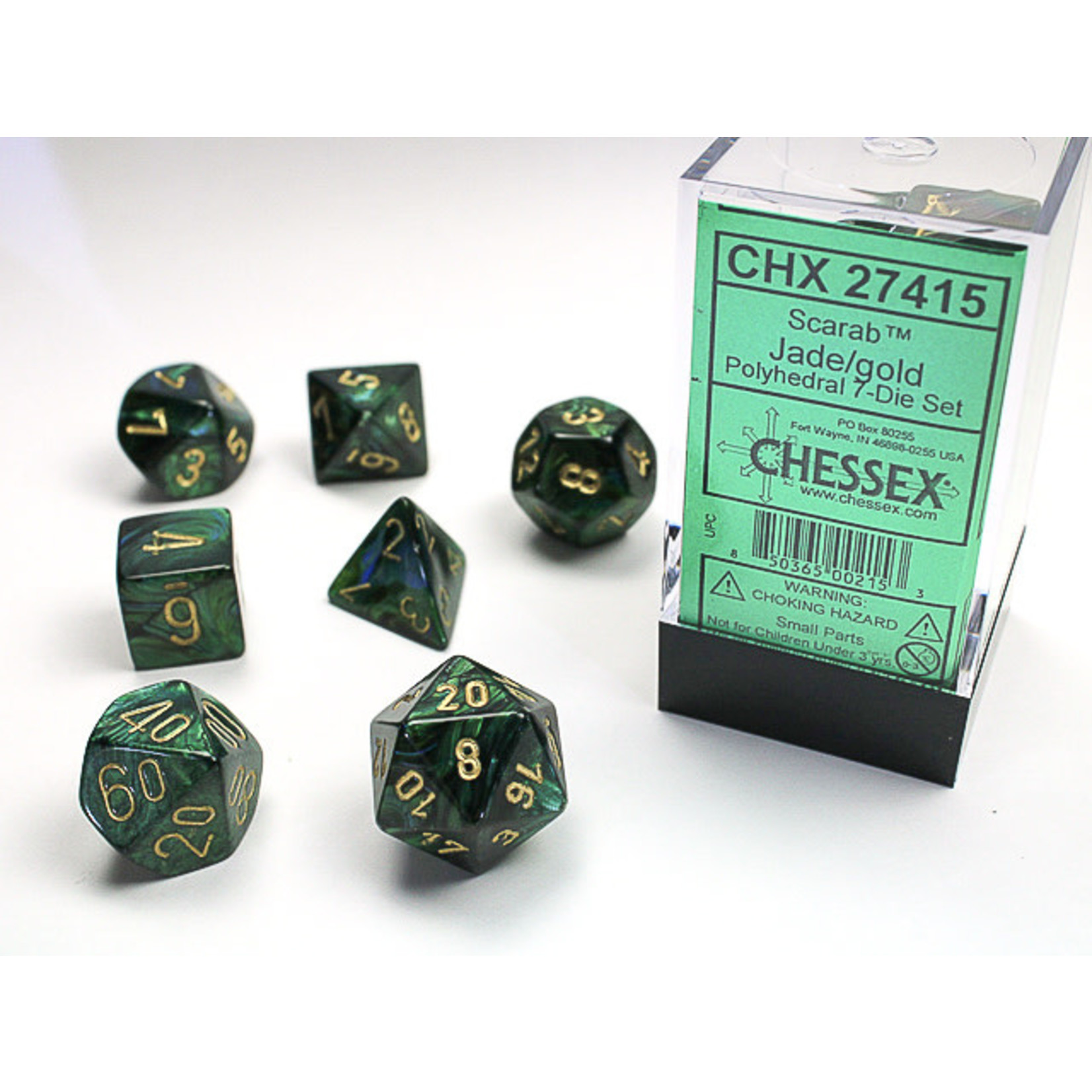 Chessex Scarab Dice: Jade / gold | 7 Die Polyhedral Set | 27415