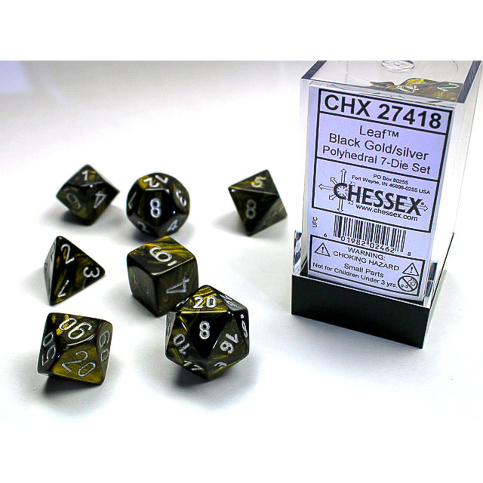 Chessex Leaf Dice: Black Gold / silver | 7 Die Polyhedral Set | 27418