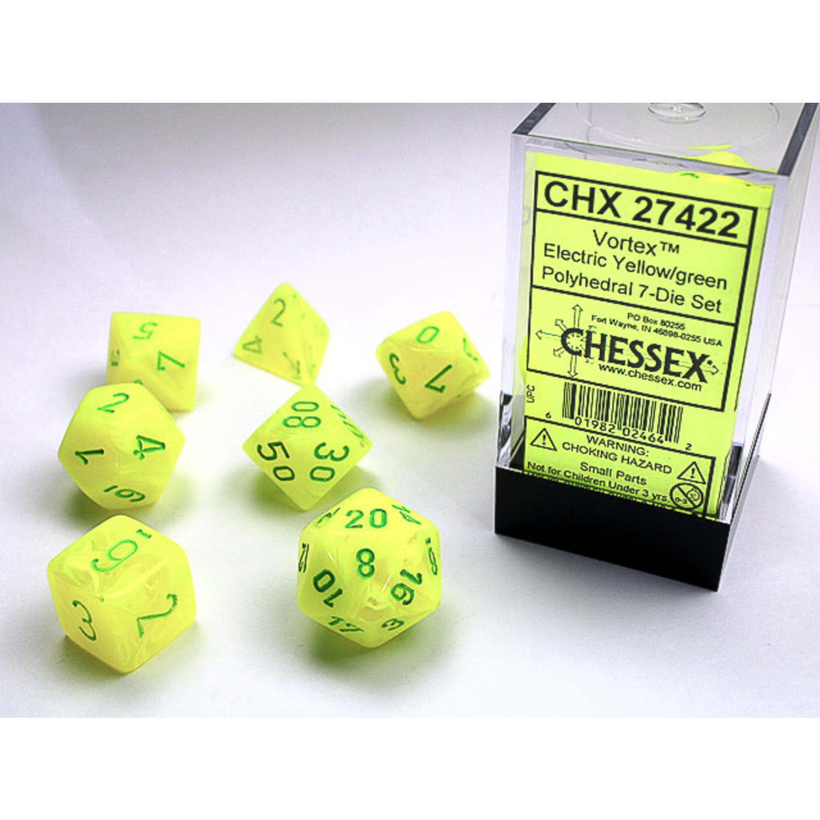 Chessex Vortex Dice: Electric Yellow / green | 7 Die Polyhedral Set | 27422