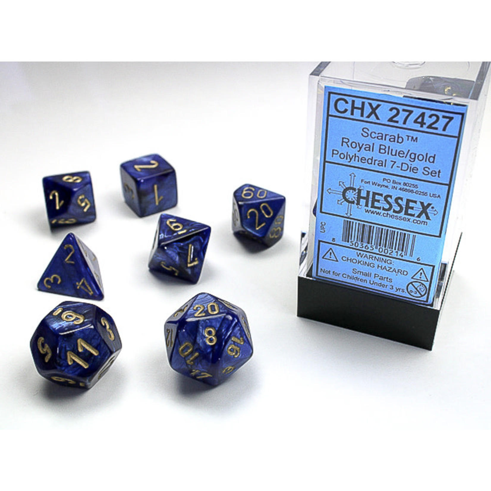 Chessex Scarab Dice: Royal Blue / gold | 7 Die Polyhedral Set | 27427