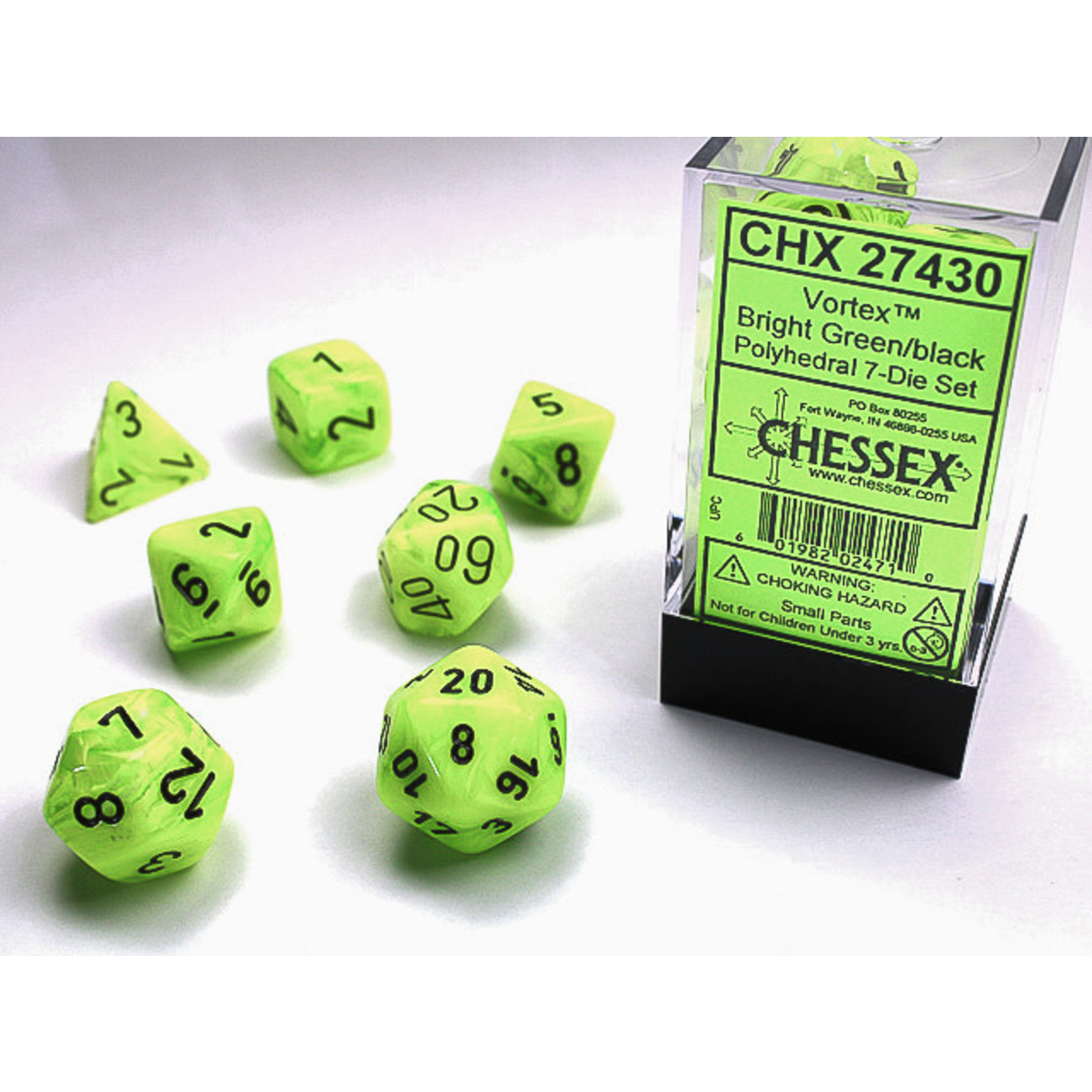 Chessex Vortex Dice: Bright Green / black | 7 Die Polyhedral Set | 27430