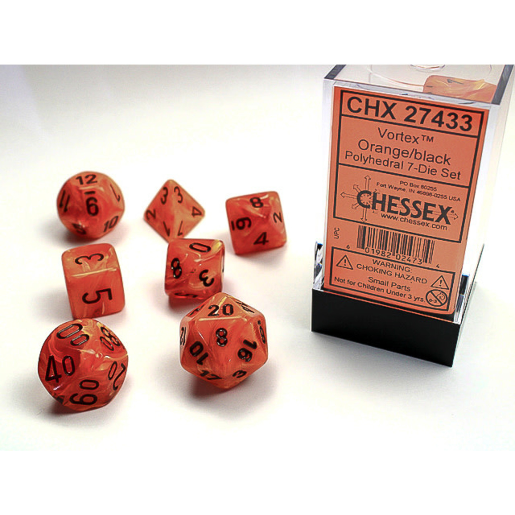 Chessex Vortex Dice: Orange / black | 7 Die Polyhedral Set | 27433