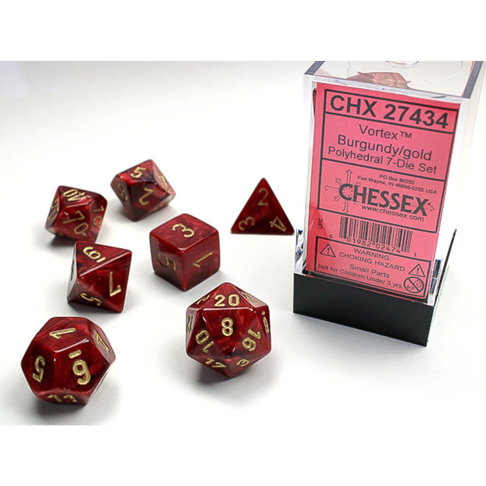 Chessex Vortex Dice: Burgundy / gold | 7 Die Polyhedral Set | 27434
