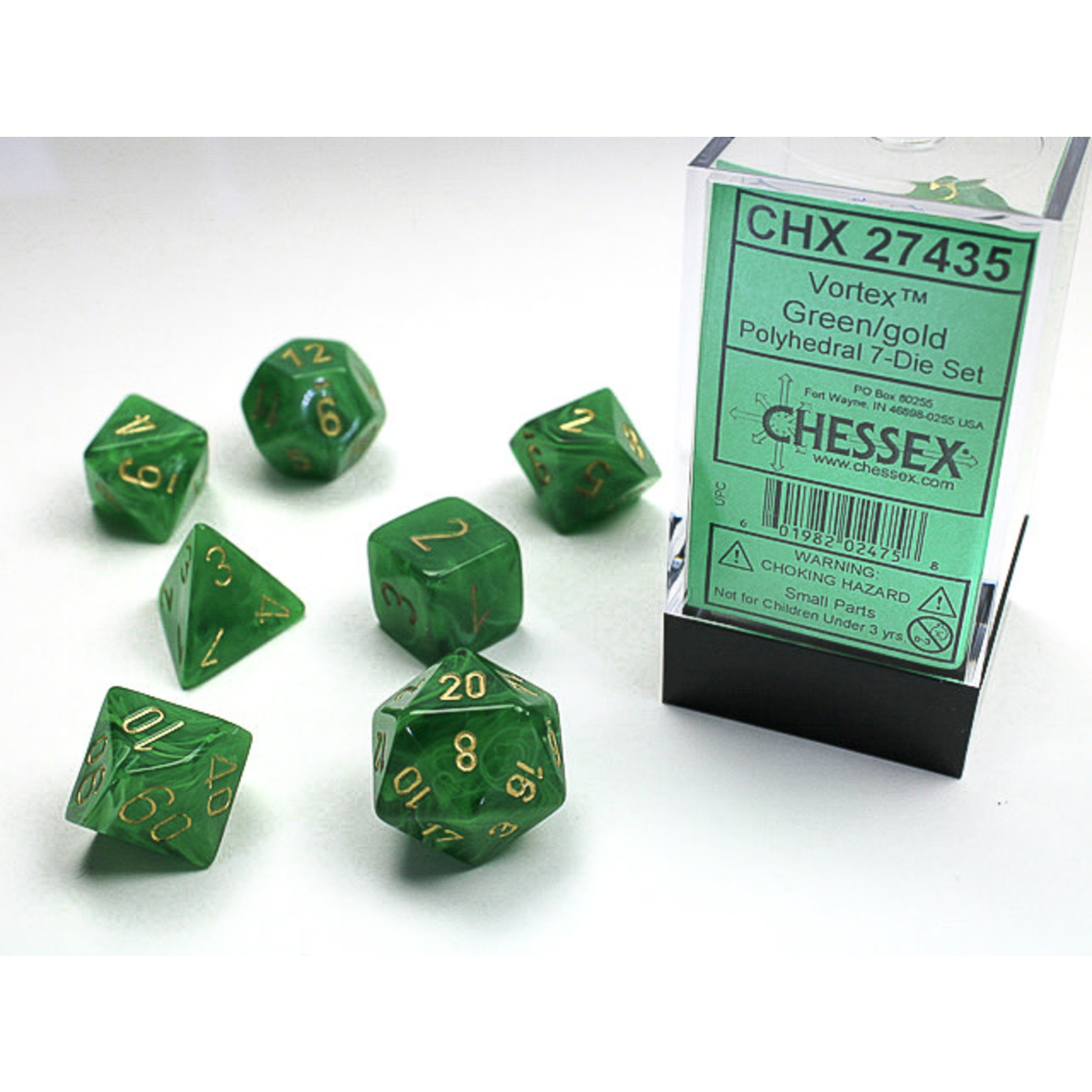 Chessex Vortex Dice: Green / gold | 7 Die Polyhedral Set | 27435