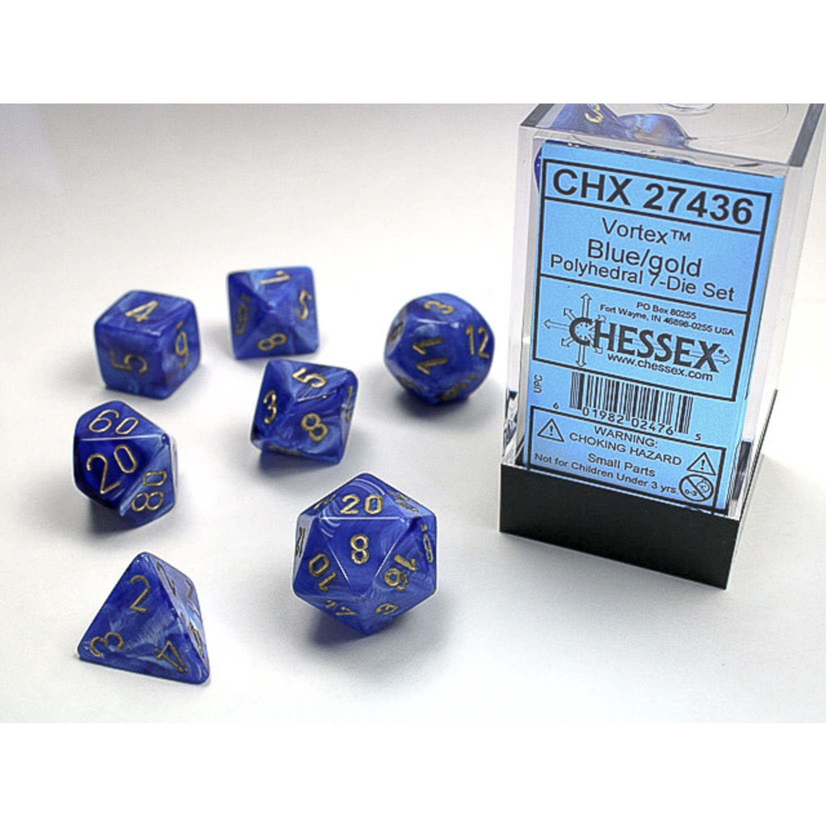 Chessex Vortex Dice: Blue / gold | 7 Die Polyhedral Set | 27436