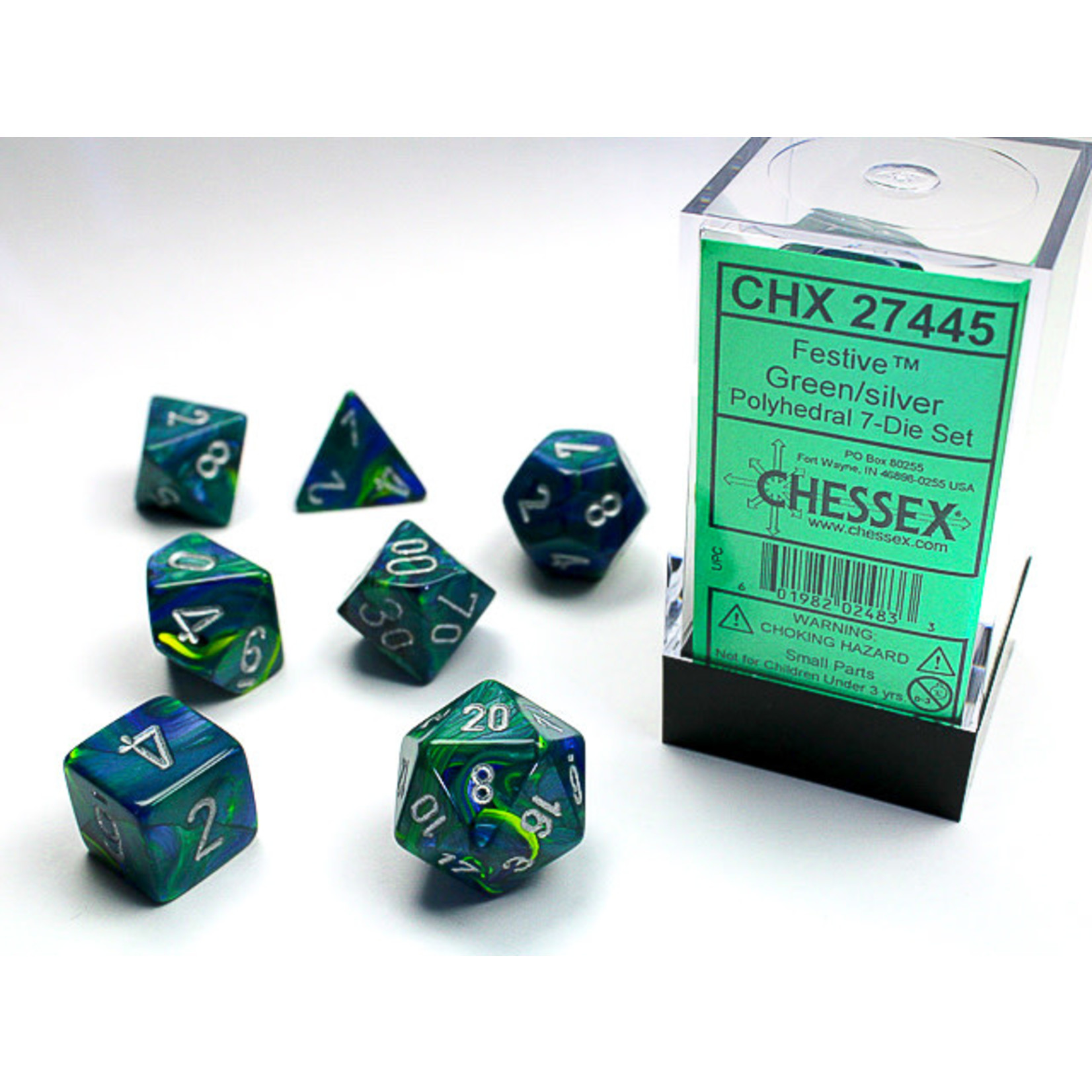 Chessex Festive Dice: Green / silver | 7 Die Polyhedral Set | 27445