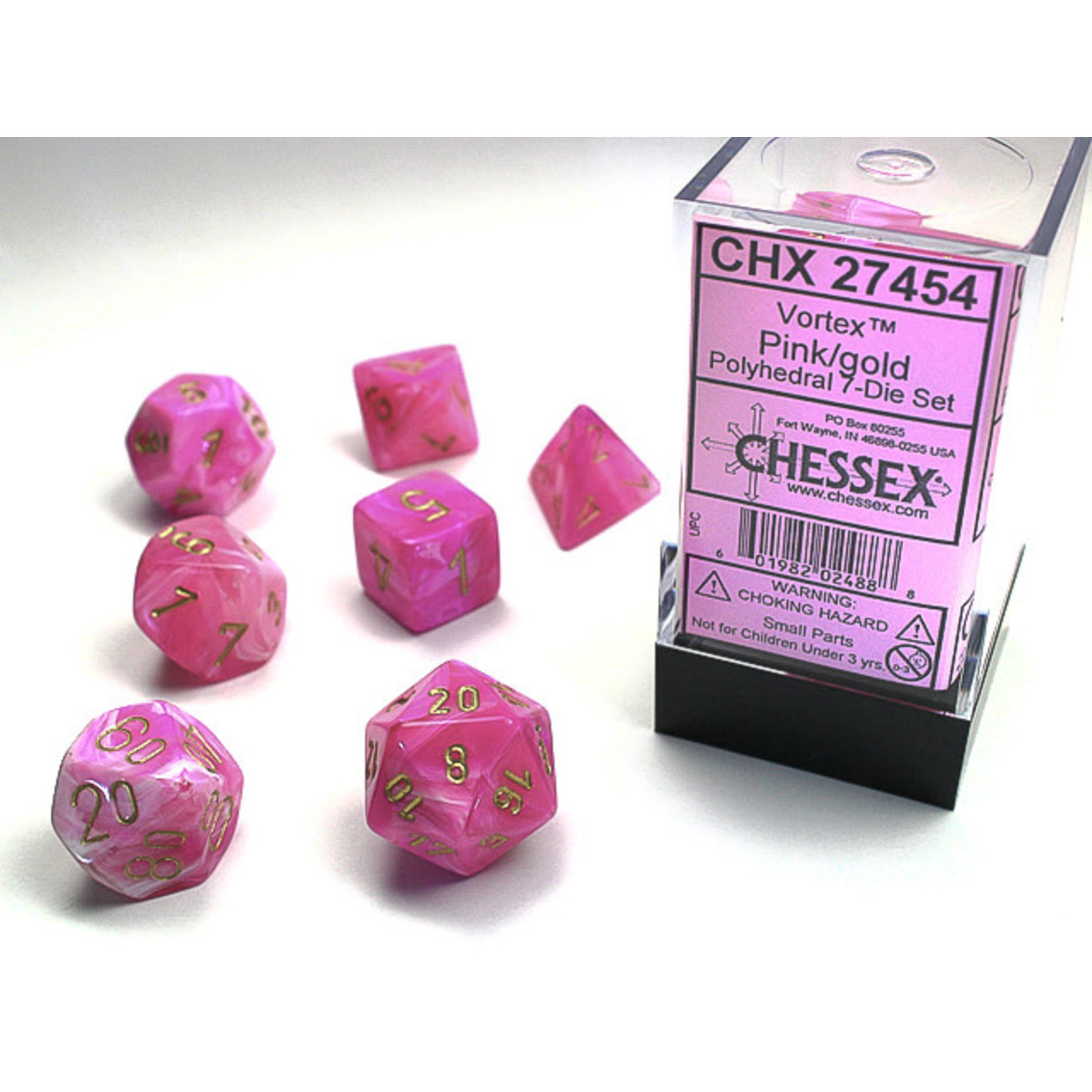 Chessex Vortex Dice: Pink / gold | 7 Die Polyhedral Set | 27454