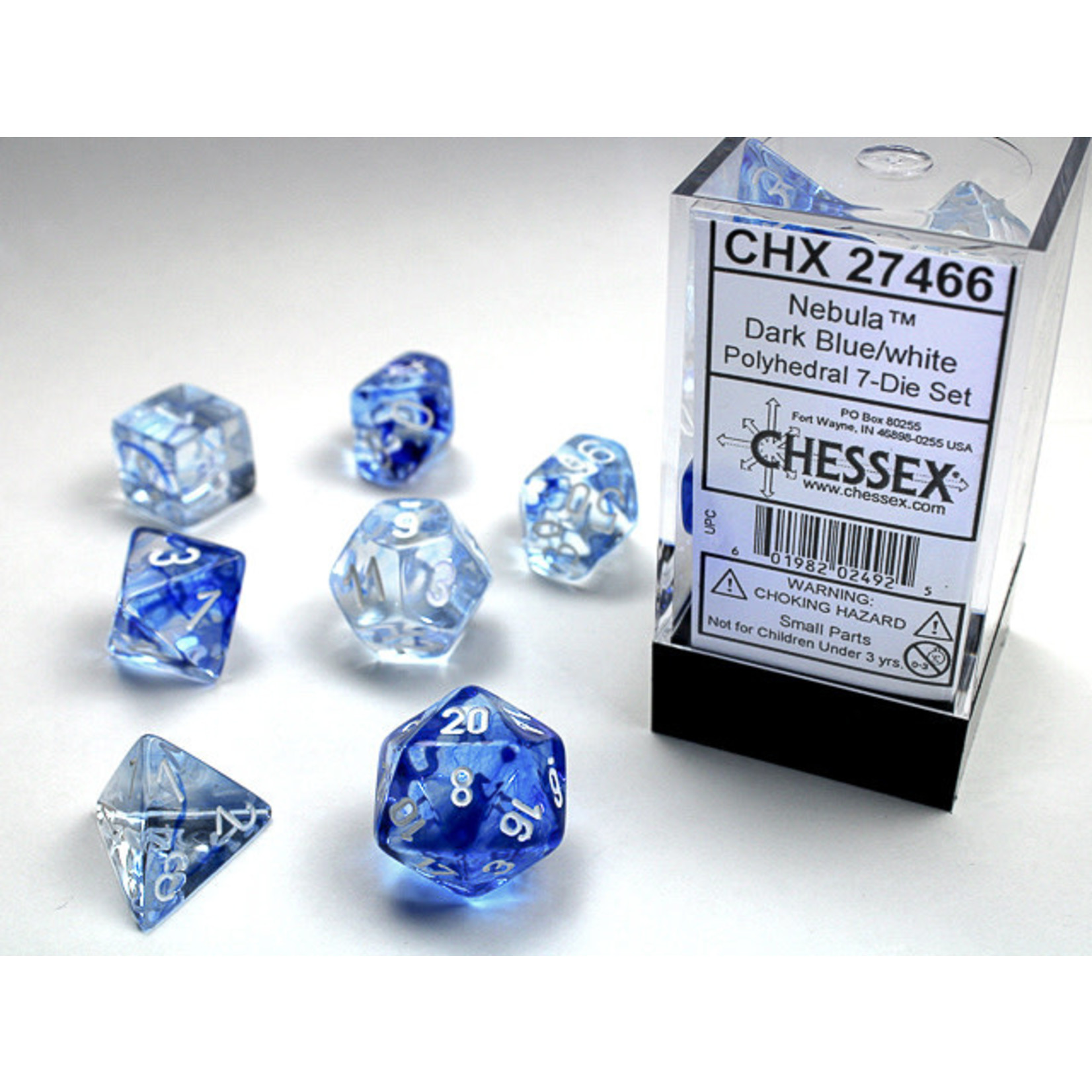 Chessex Nebula Dice: Dark Blue / White | 7 Die Polyhedral Set | 27466