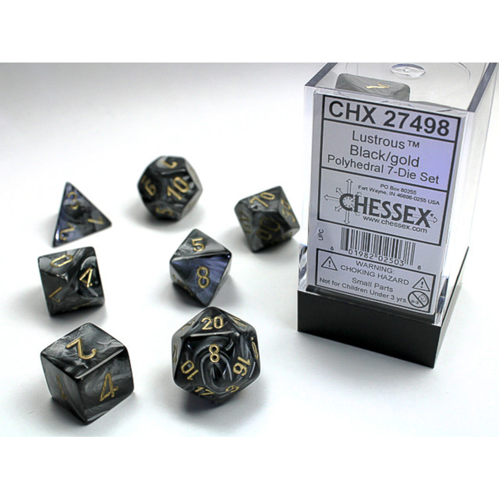 Chessex Lustrous Dice: Black / gold | 7 Die Polyhedral Set | 27498