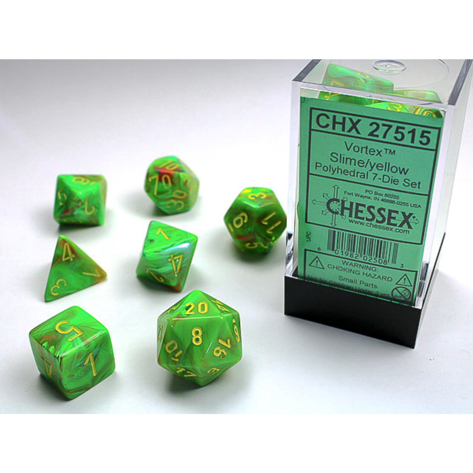 Chessex Vortex Dice: Slime / yellow | 7 Die Polyhedral Set | 27515