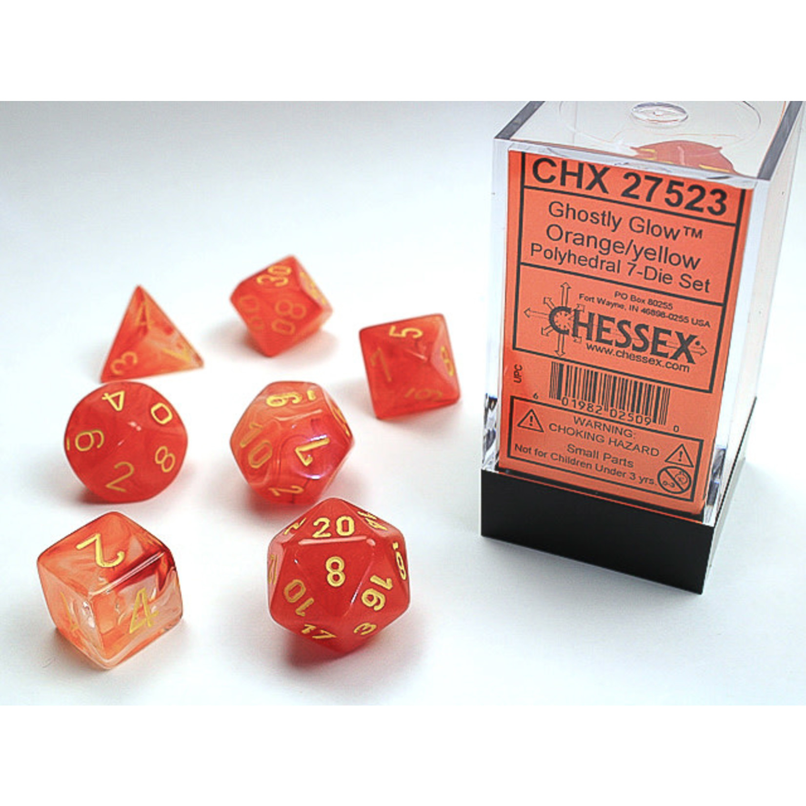 Chessex Ghostly Glow Dice: Orange / yellow | 7 Die Polyhedral Set | 27523