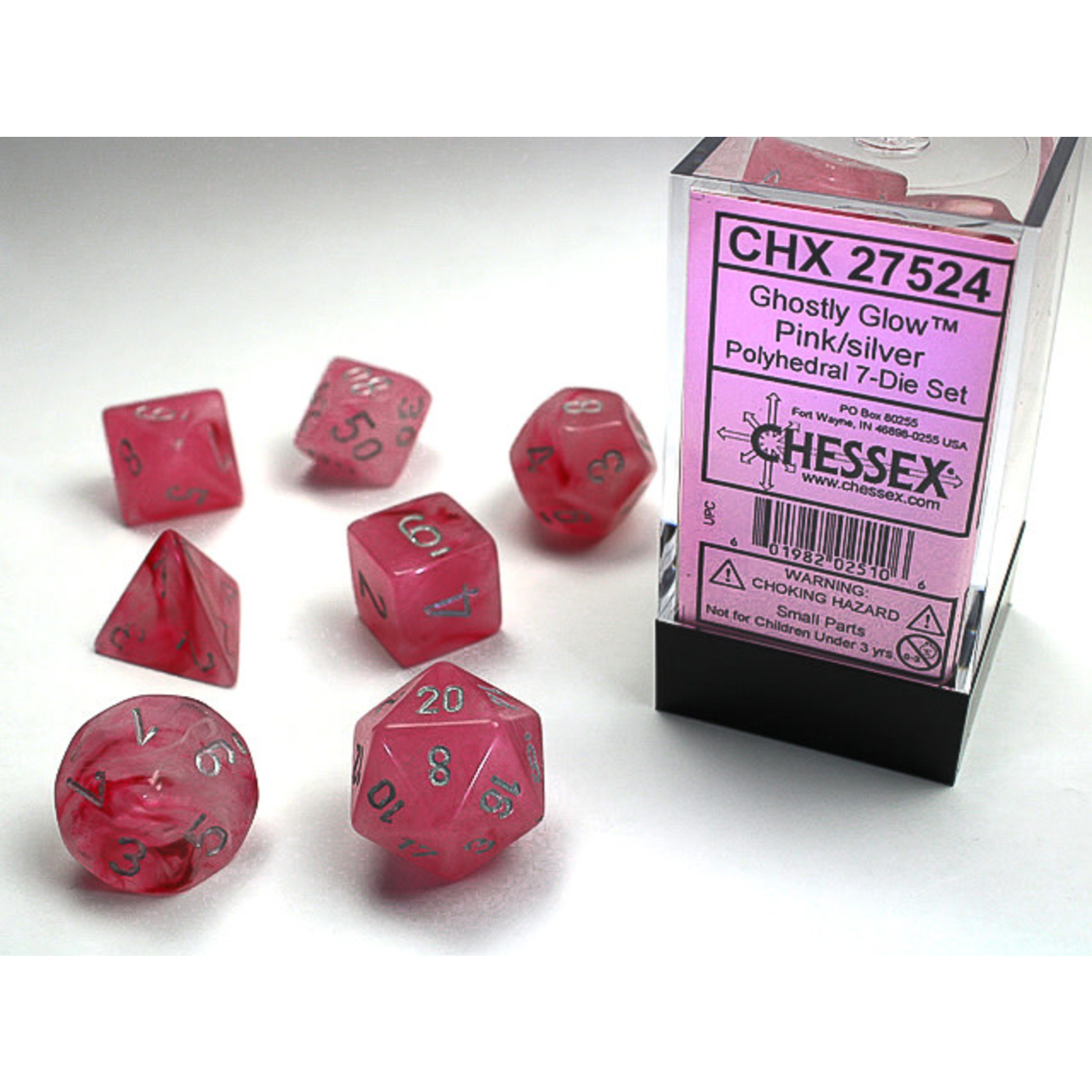 Chessex Ghostly Glow Dice: Pink / silver | 7 Die Polyhedral Set | 27524