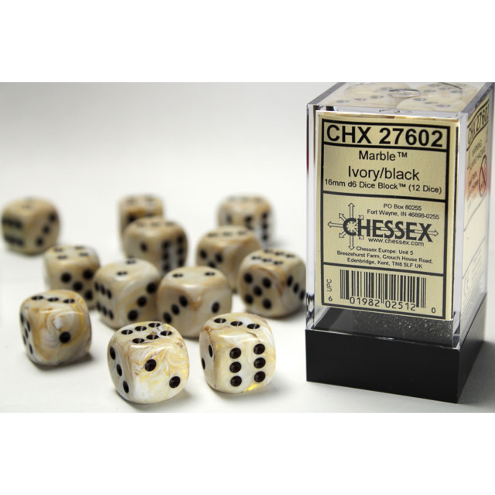 Chessex Marble Dice: Ivory / black | 16mm d6 Dice Block | 27602