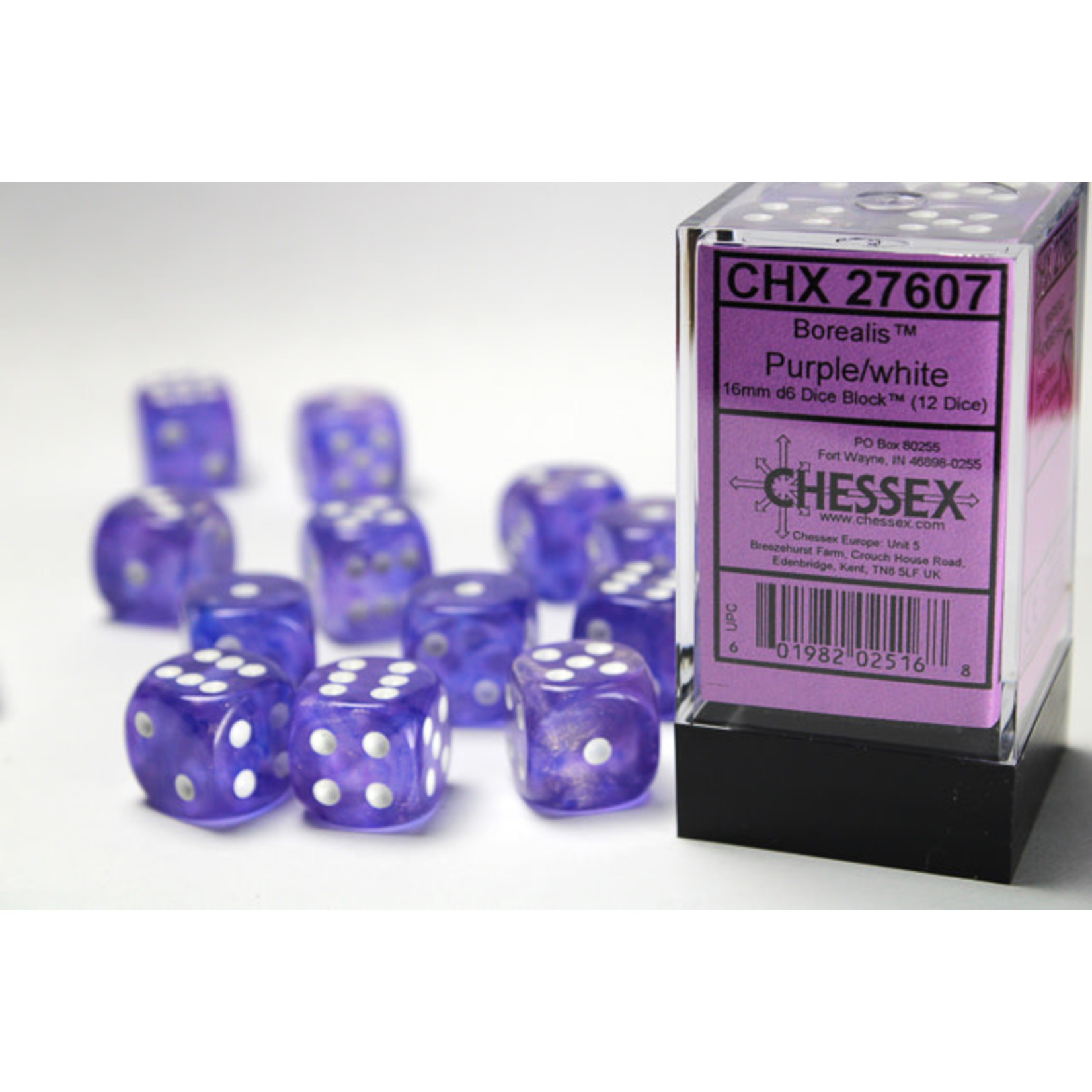 Chessex Borealis Dice: Purple / white | 16mm d6 Dice Block | 27607