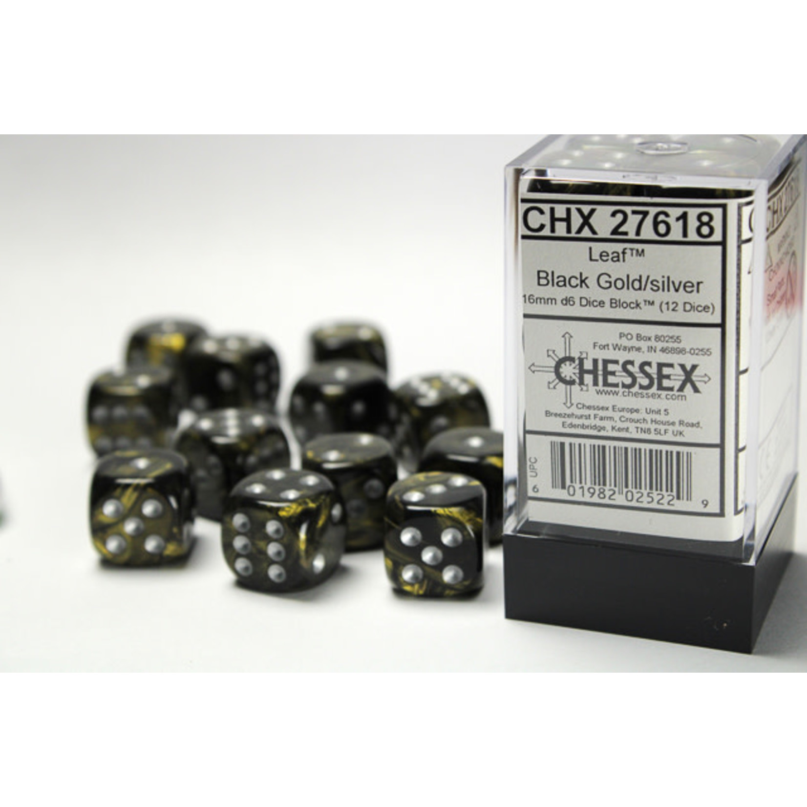 Chessex Leaf Dice: Black Gold / silver | 16mm d6 Dice Block | 27618