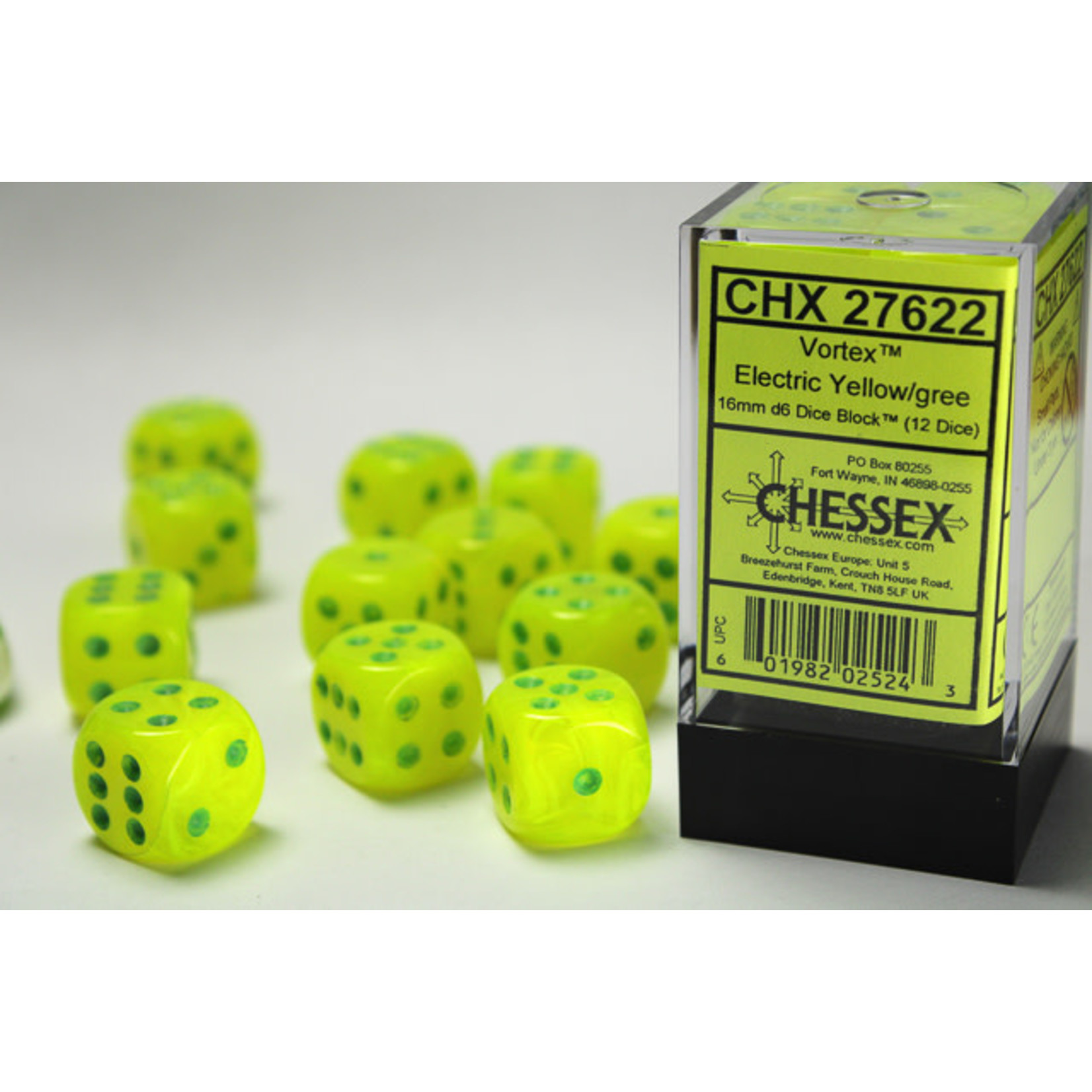 Chessex Vortex Dice: Electric Yellow / green | 16mm d6 Dice Block | 27622