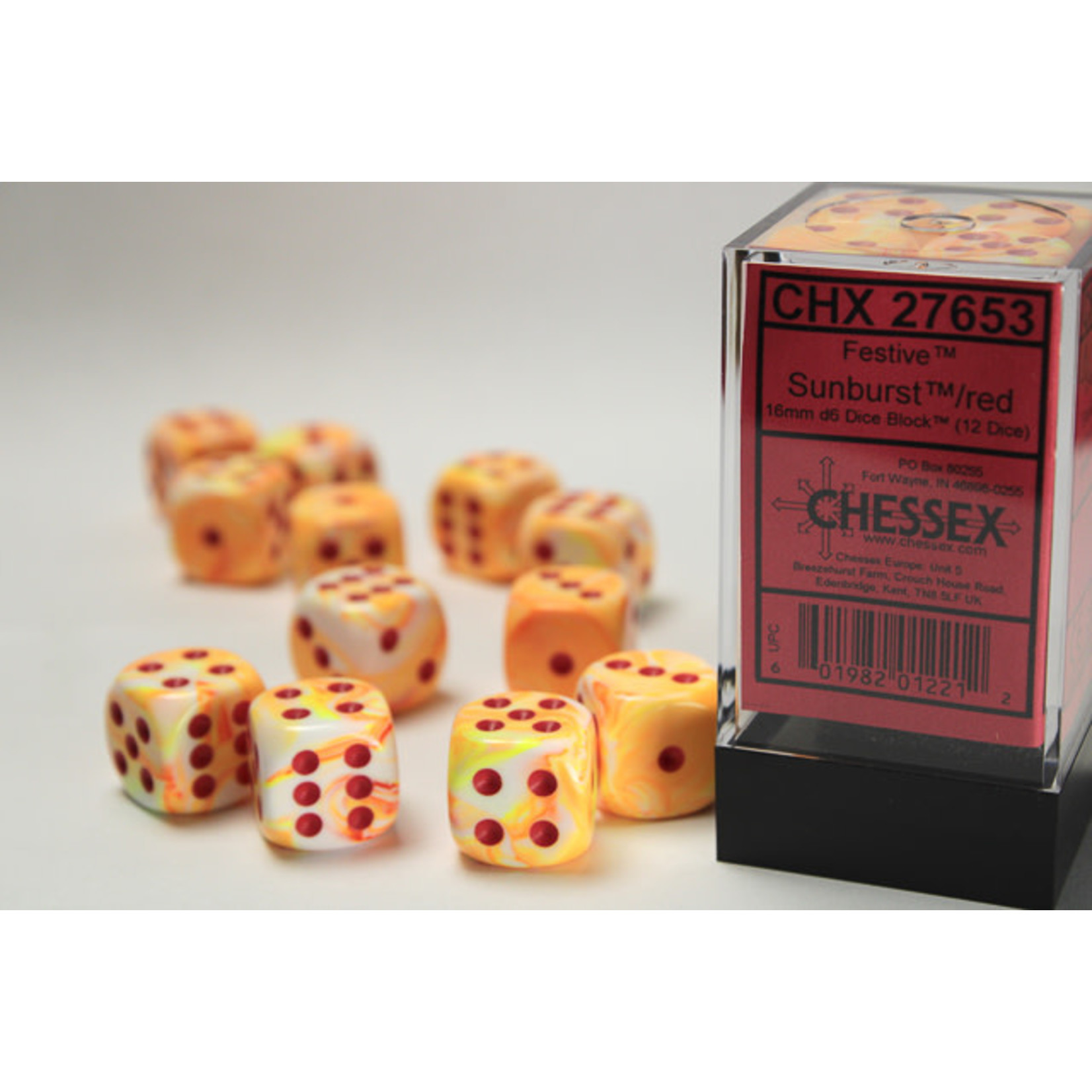Chessex Festive Dice: w / pips Sunburst w / red | 16mm d6 Dice Block | 27653