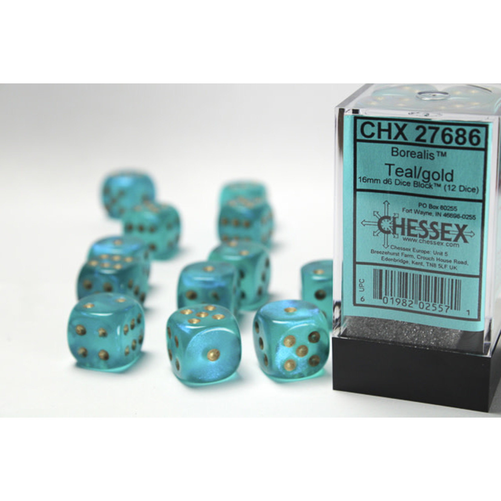Chessex Borealis Dice: Teal / gold | 16mm d6 | CHX 27785