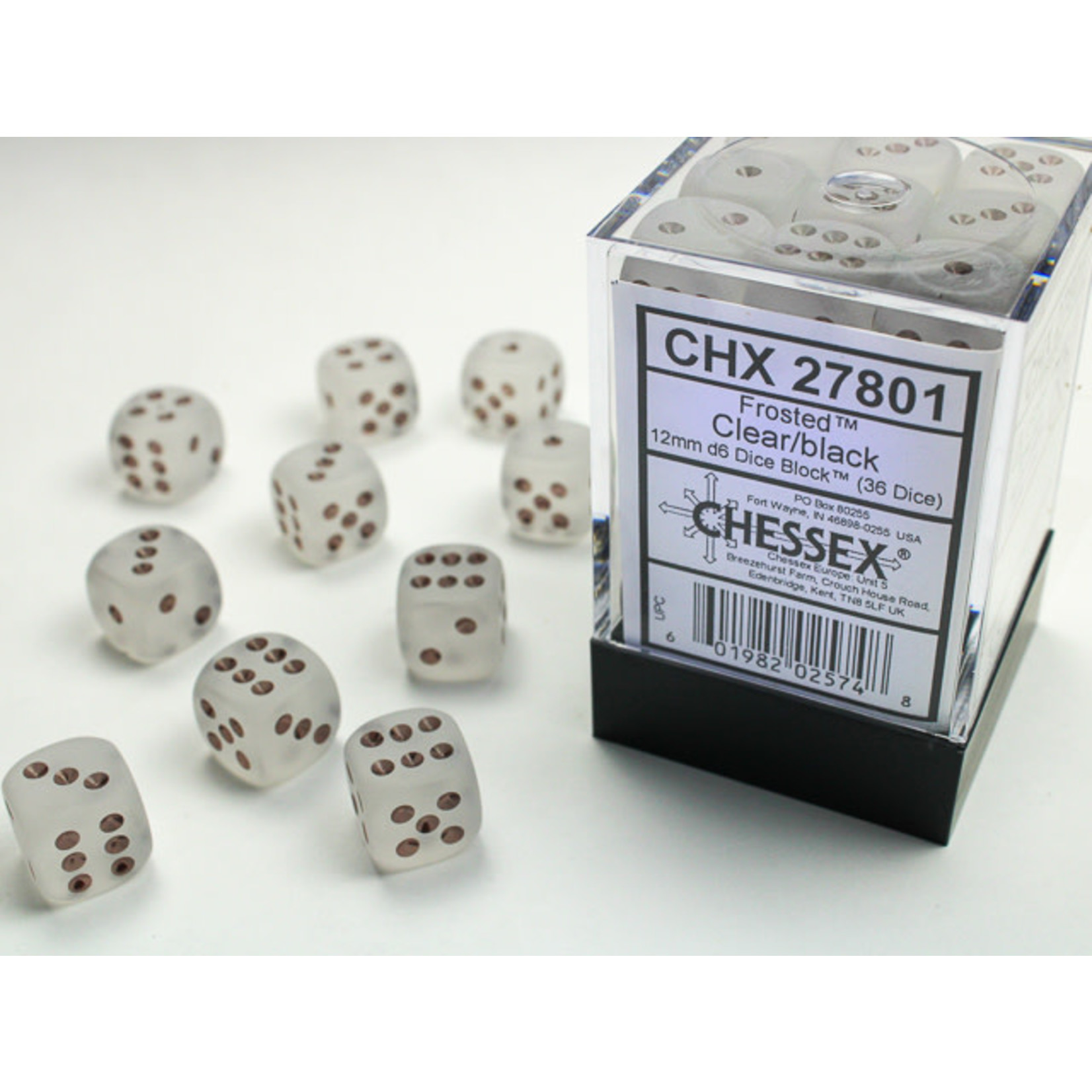 Chessex Frosted Dice: Clear / black | 12mm d6 Dice Block | 27801