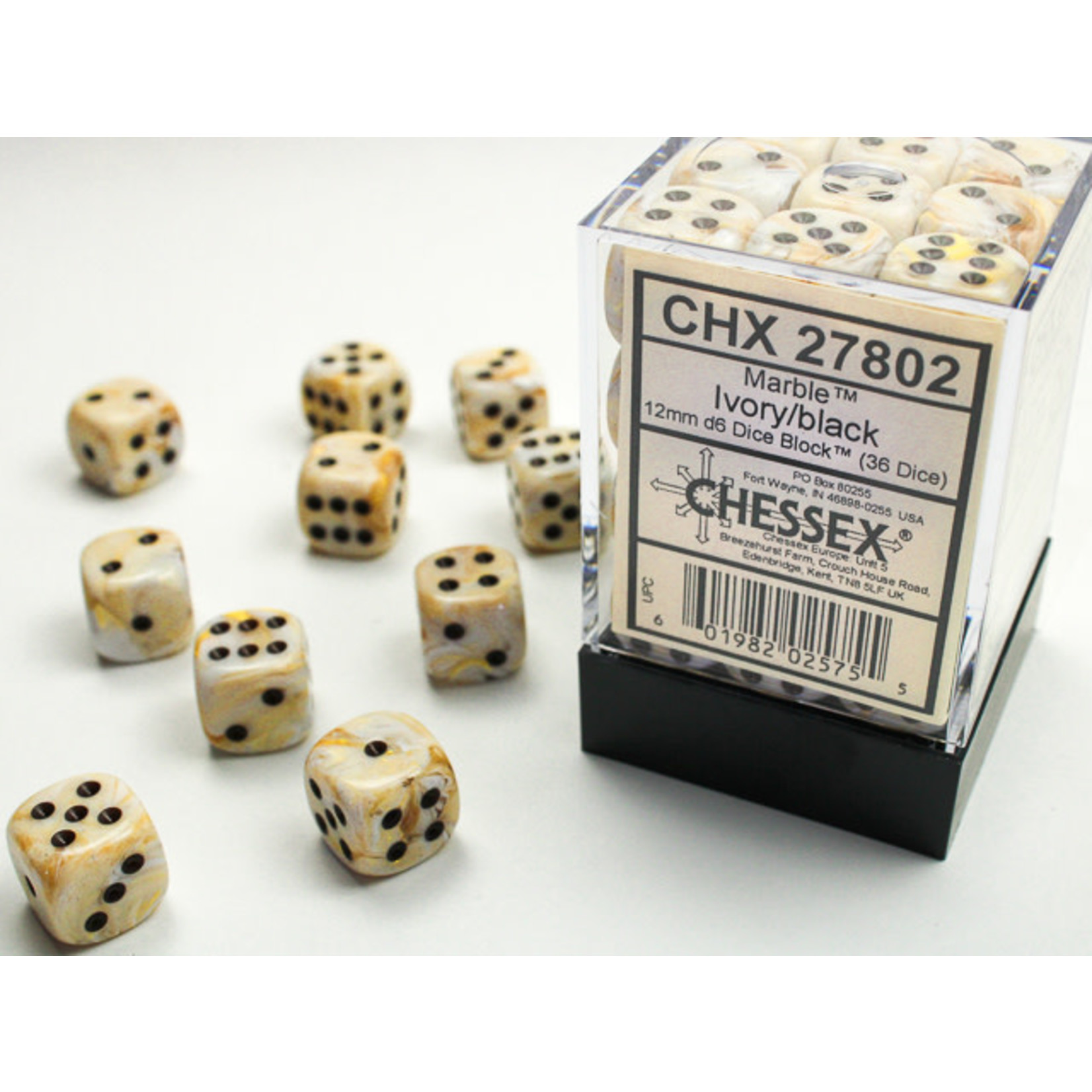 Chessex Marble Dice: Ivory / black | 12mm d6 Dice Block | 27802