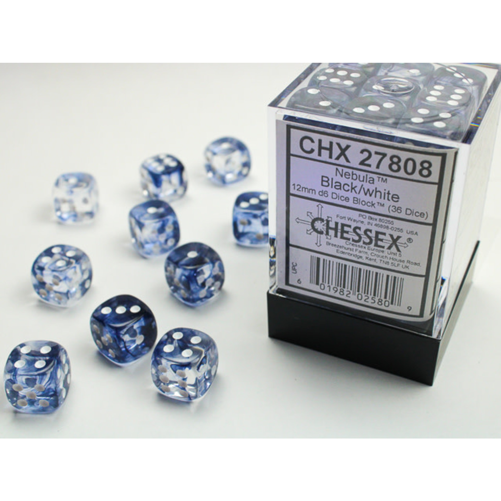 Chessex Nebula Dice: Black / White | 12mm d6 Dice Block | 27808
