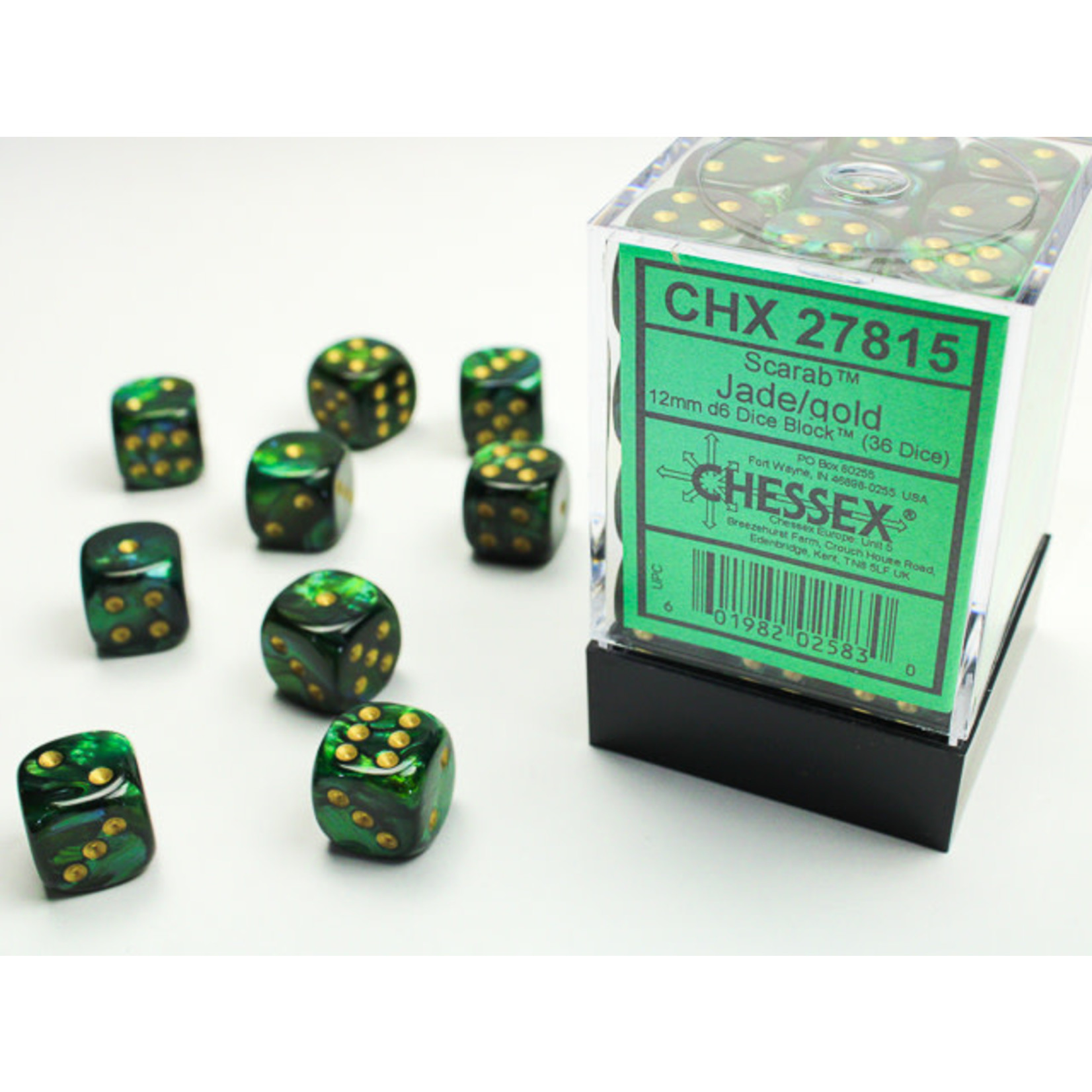 Chessex Scarab Dice: Jade / gold | 12mm d6 Dice Block | 27815