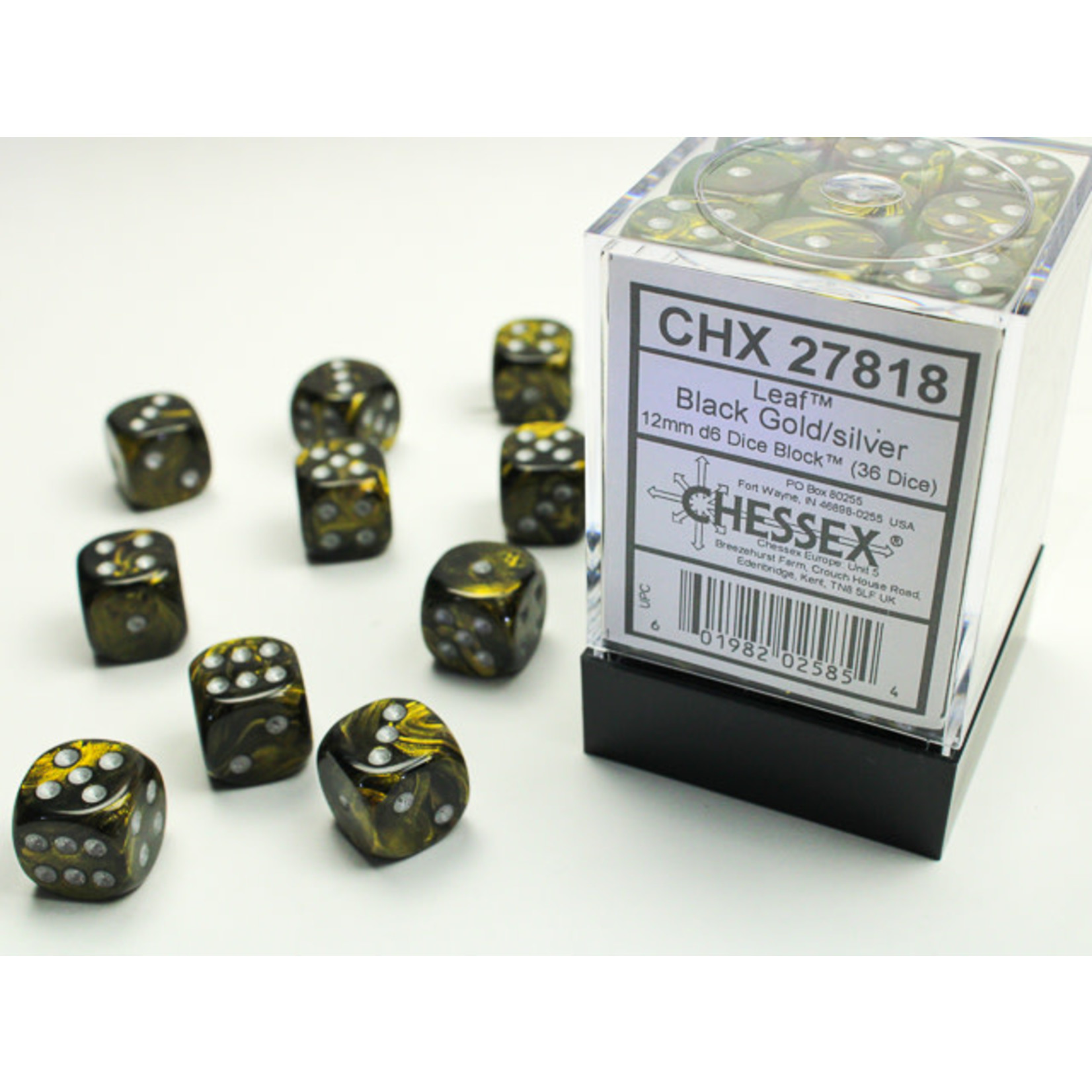 Chessex Leaf Dice: Black Gold / silver | 12mm d6 Dice Block | 27818