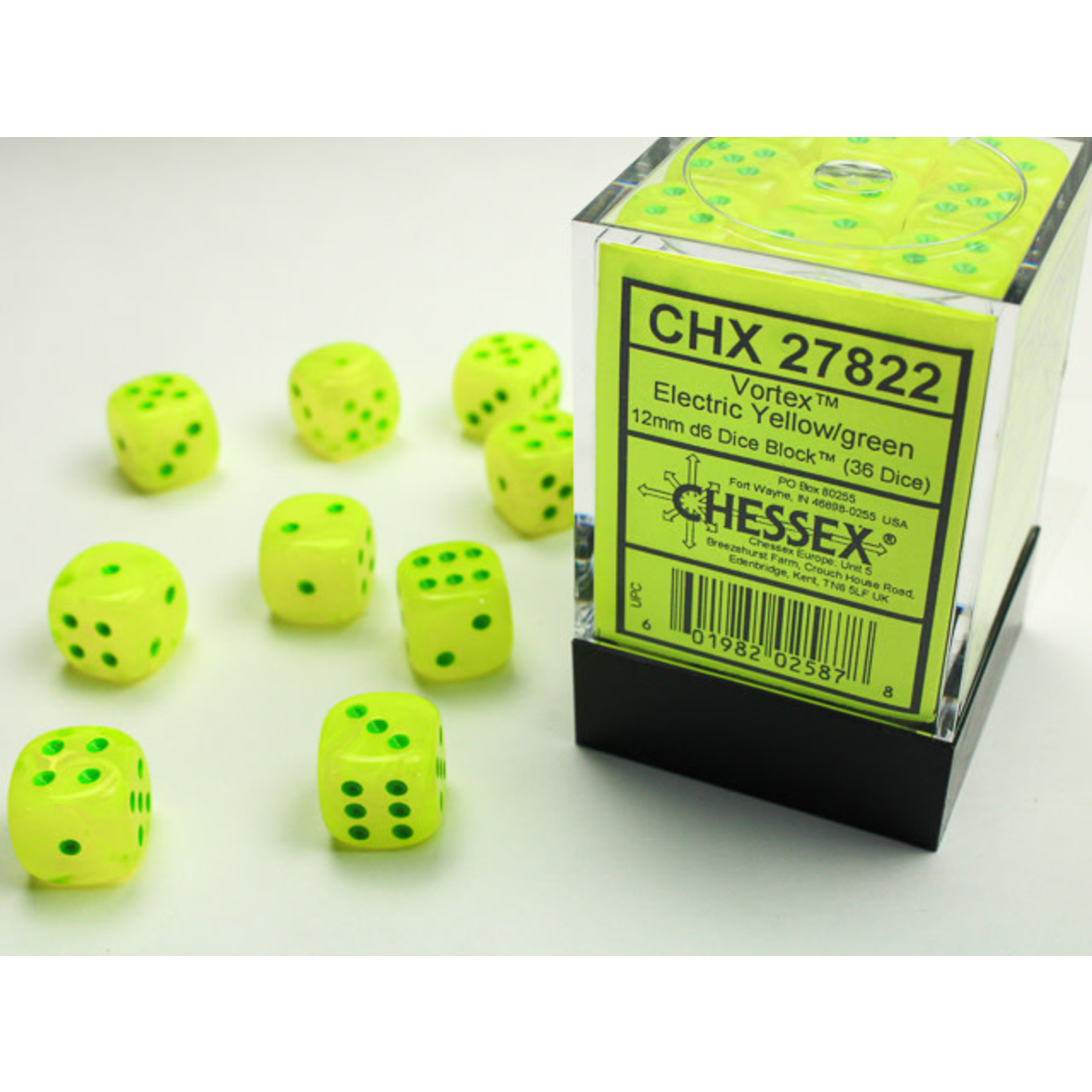 Chessex Vortex Dice: Electric Yellow / green | 12mm d6 Dice Block | 27822