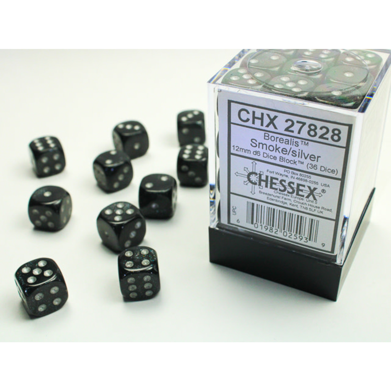Chessex Borealis Dice: Smoke / silver | 12mm d6 Dice Block | 27828