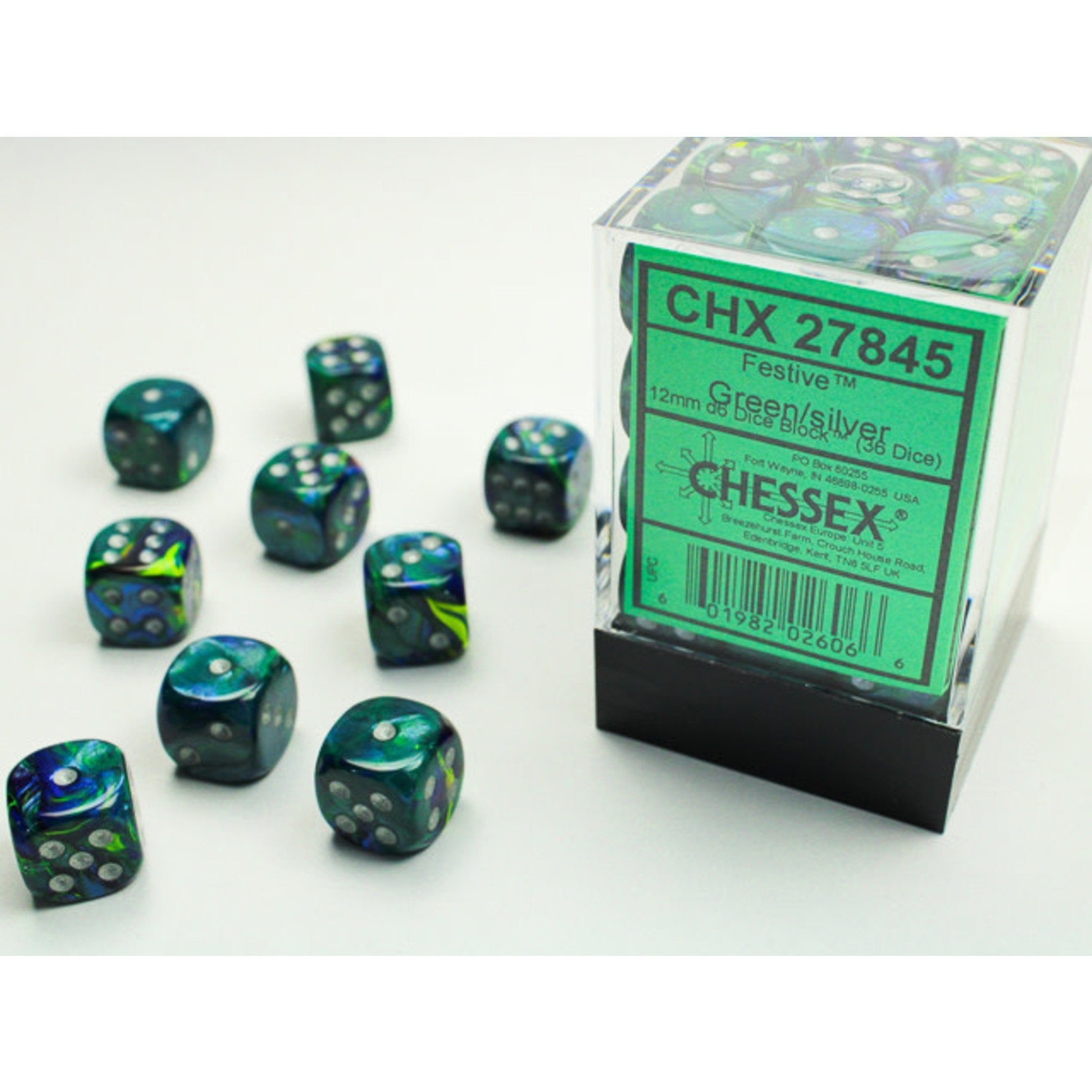 Chessex Festive Dice: Green / silver | 12mm d6 Dice Block | 27845