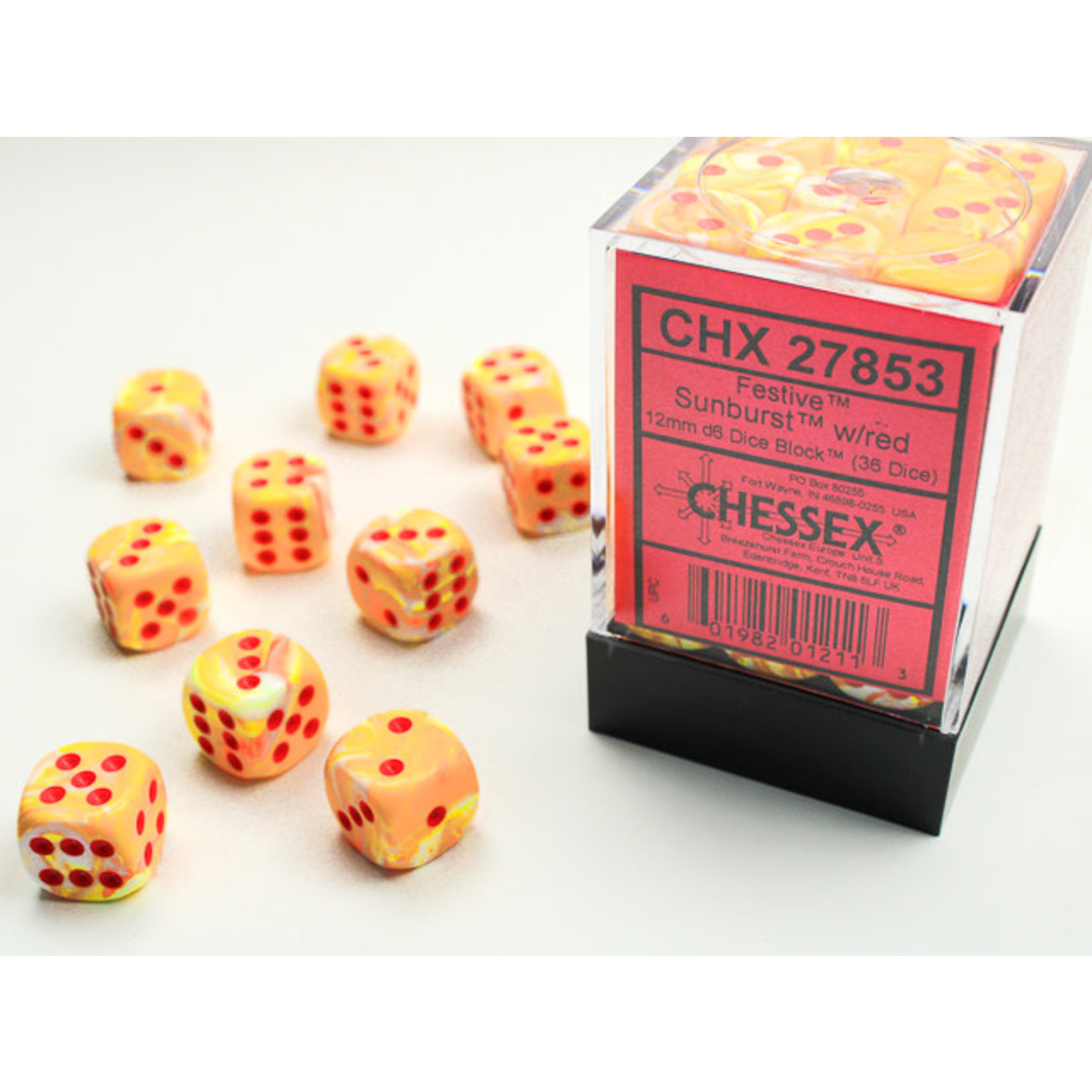 Chessex Festive Dice: w / pips Sunburst / red | 12mm d6 Dice Block | 27853