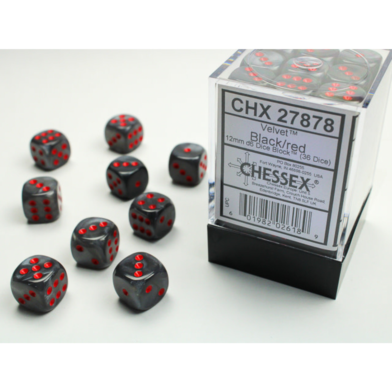 Chessex Velvet Dice: Black / red | 12mm d6 Dice Block | 27878