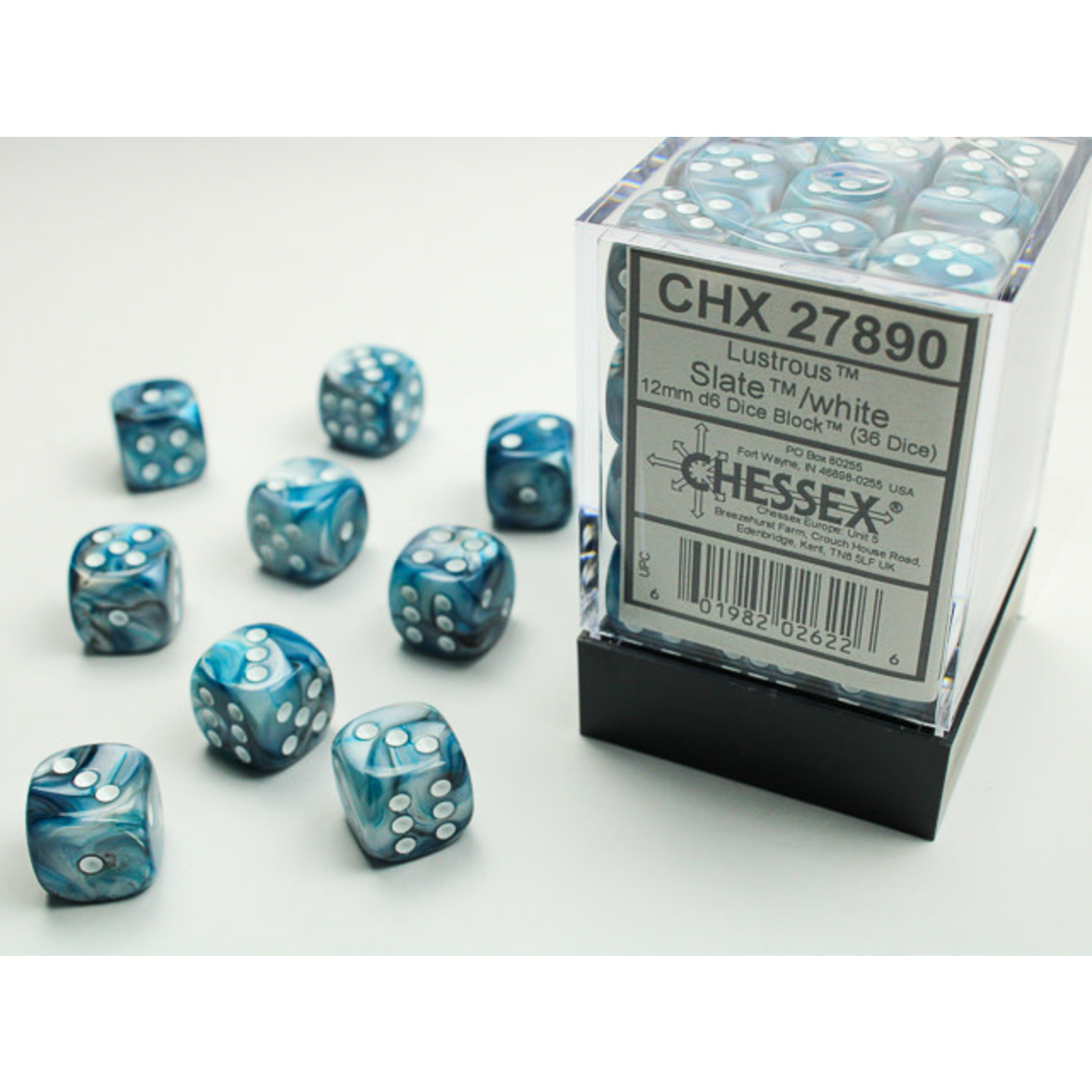 Chessex Lustrous Dice: Slate / white | 12mm d6 Dice Block | 27890