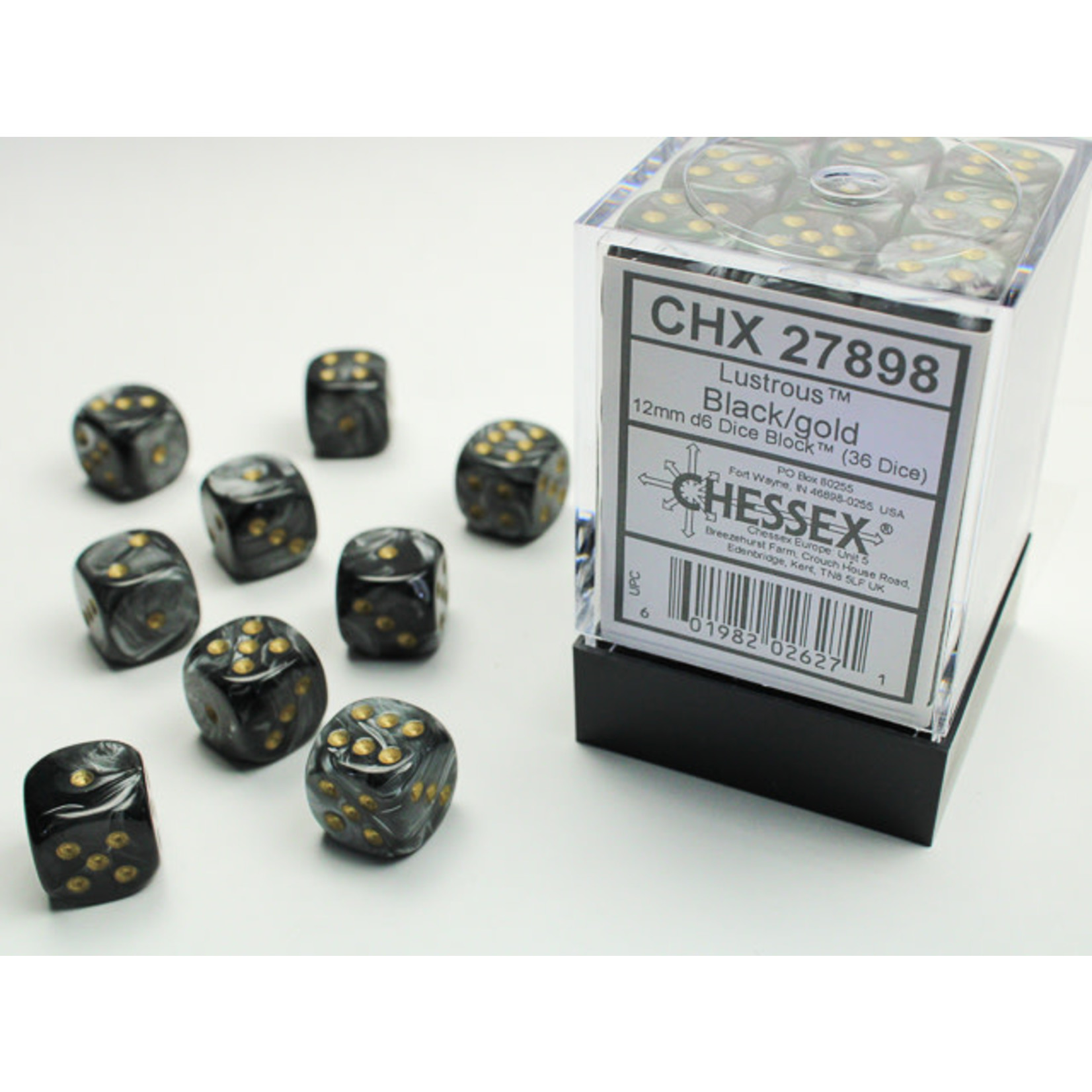 Chessex Lustrous Dice: Black / gold | 12mm d6 Dice Block | 27898