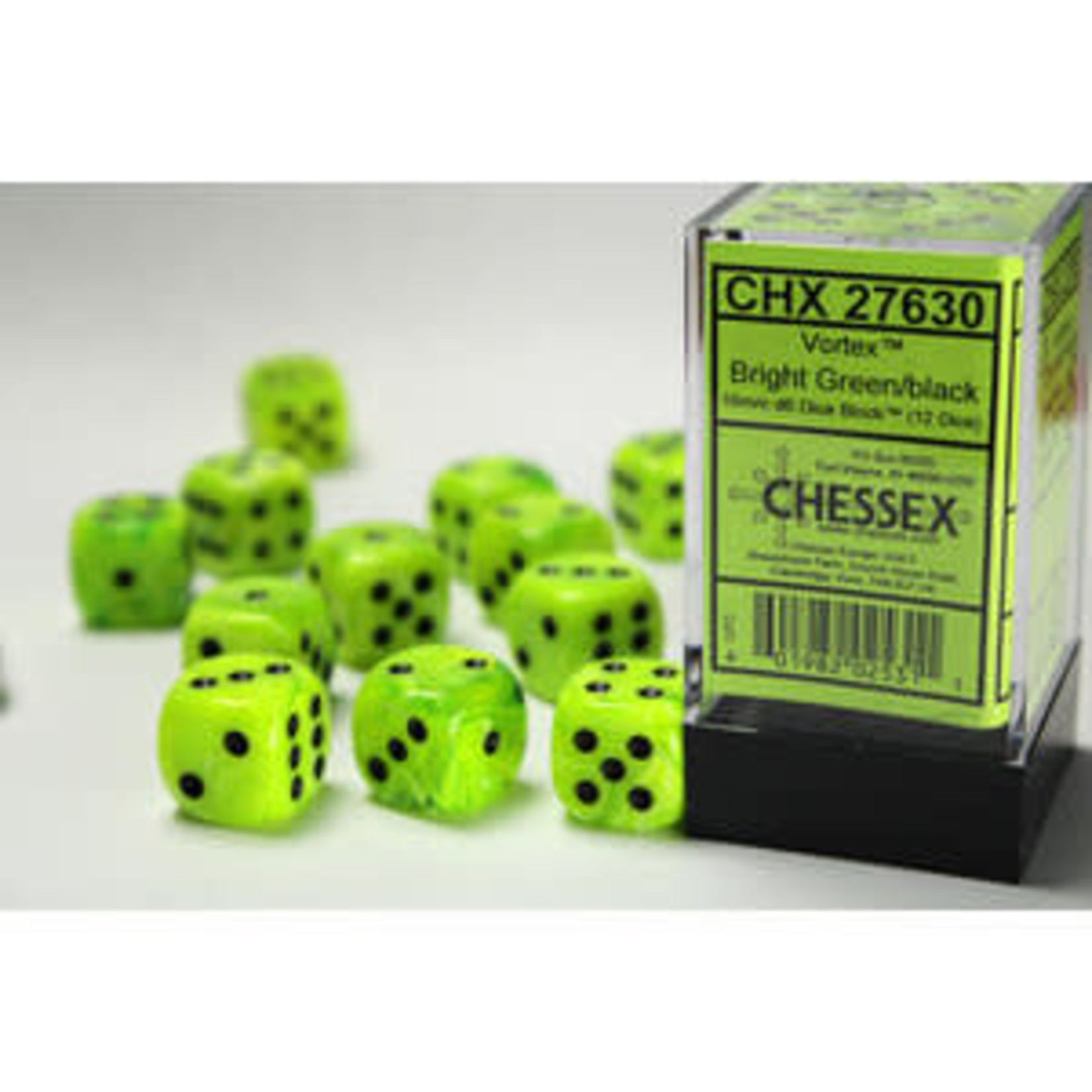 Chessex Vortex Dice: Bright Green / black  | 16mm d6 Dice Block | 27630