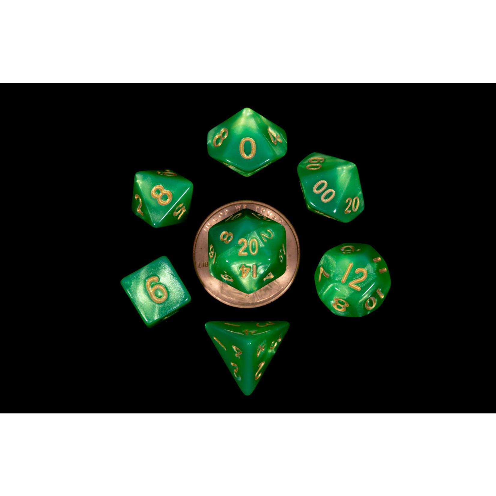 MDG Mini Dice: Green with Gold Numbers | 10mm 7 Die Polyhedral Set 4155