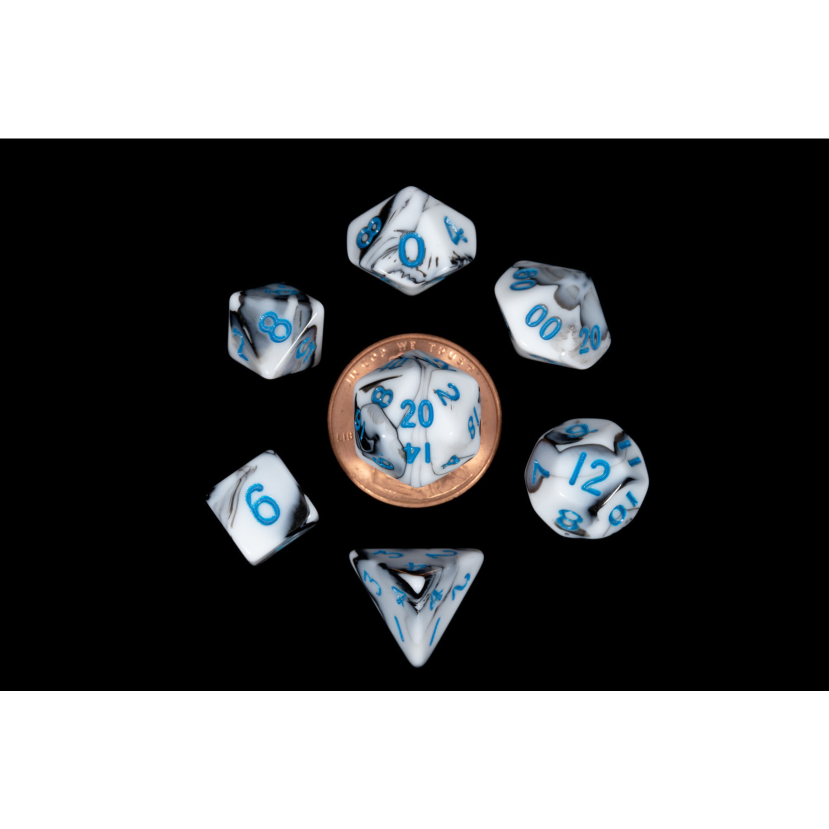MDG Mini Dice: Marble with Blue Numbers | 10mm 7 Die Polyhedral Set 41032