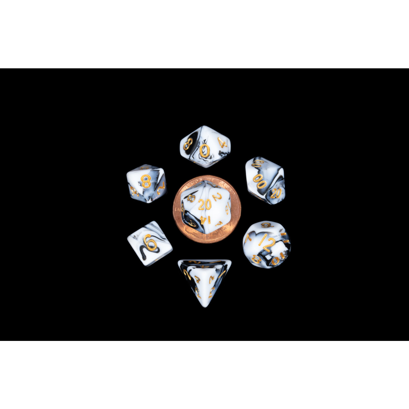 MDG Mini Dice: Marble with Gold Numbers | 10mm 7 Die Polyhedral Set 41038