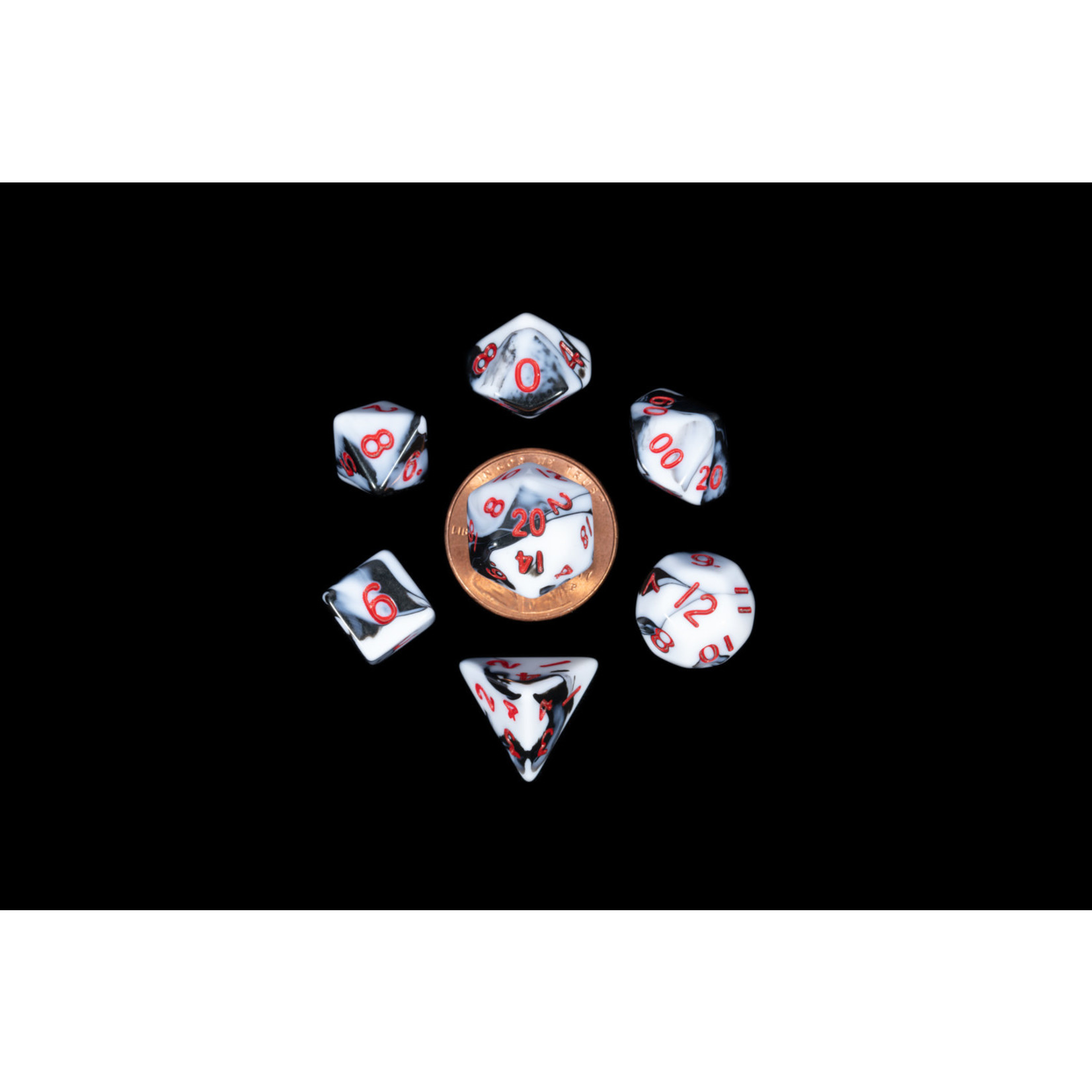 MDG Mini Dice: Marble with Red Numbers | 10mm 7 Die Polyhedral Set 41031